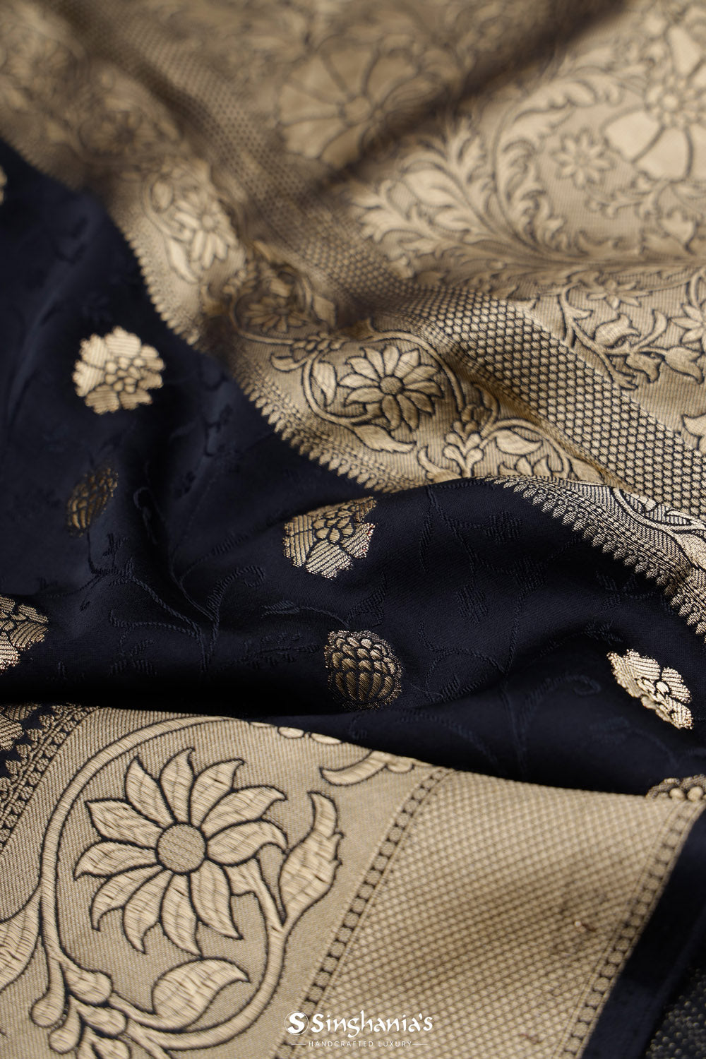 Dark Blue Banarasi Mashru Silk Saree With Floral Butti Motifs
