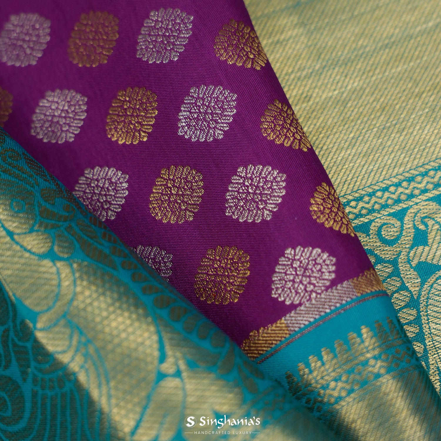 Bright Traditional Purple Kanchi Saree With Meenakari Rudraksha Butti Pattern