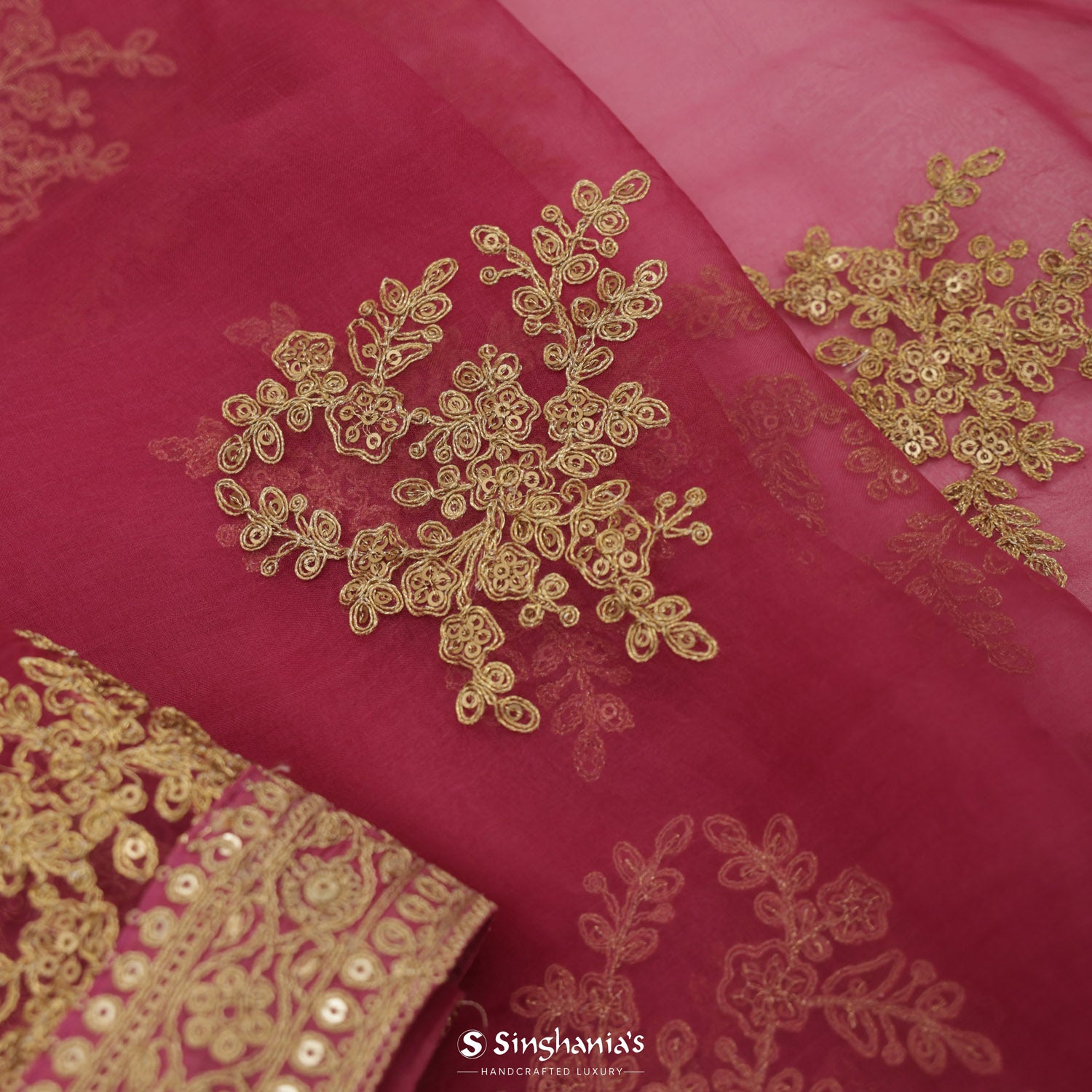 Rouge Pink Printed Organza Saree With Floral Pattern