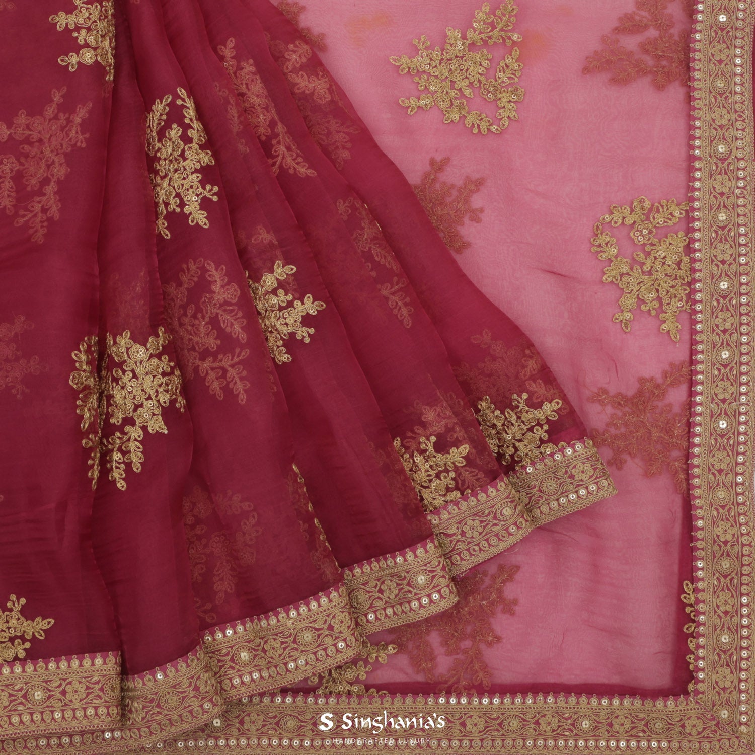 Rouge Pink Printed Organza Saree With Floral Pattern