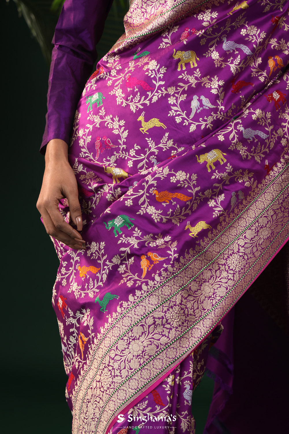 Dark Magenta Banarasi Silk Saree With Animal Motifs