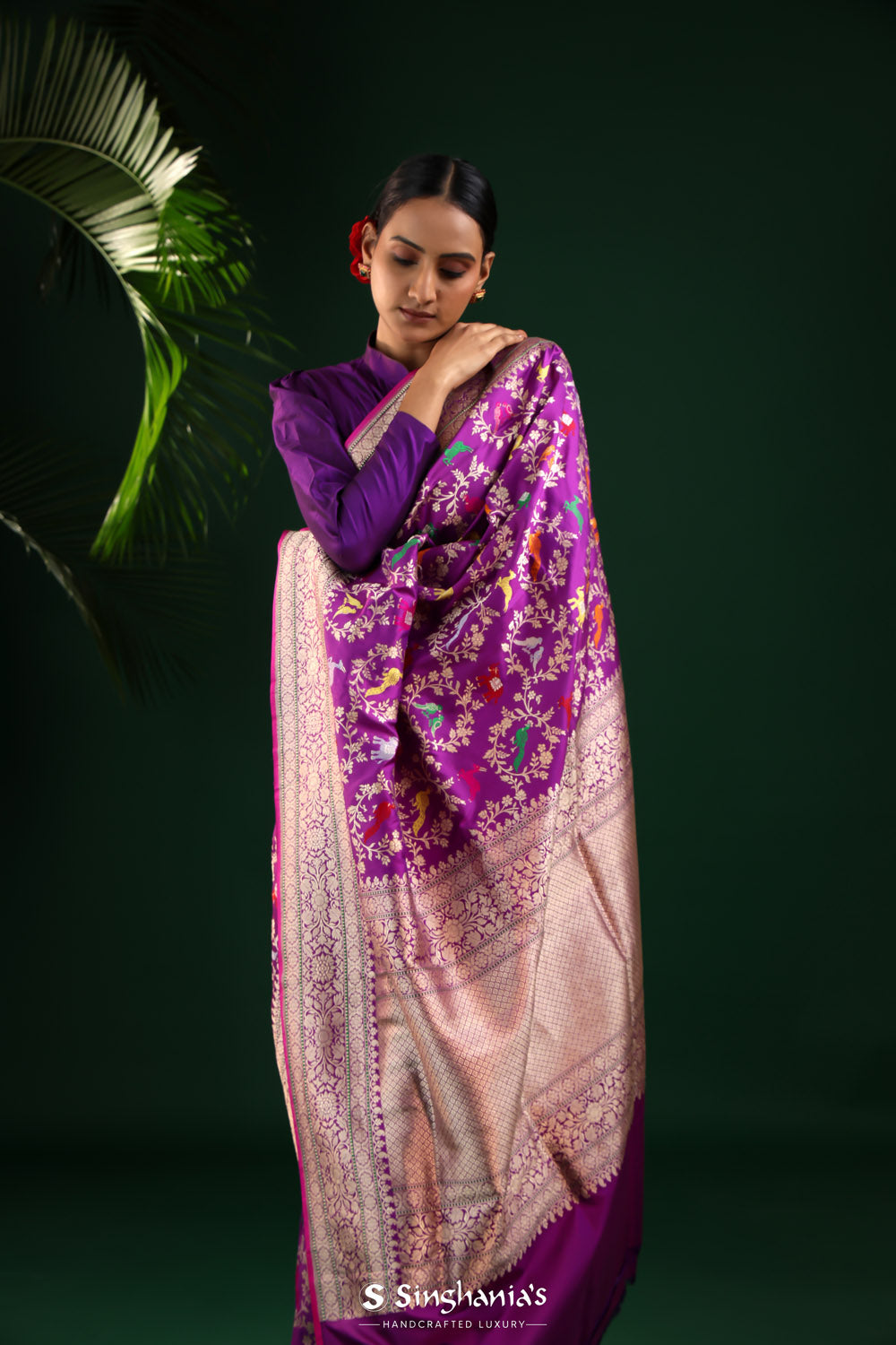 Dark Magenta Banarasi Silk Saree With Animal Motifs