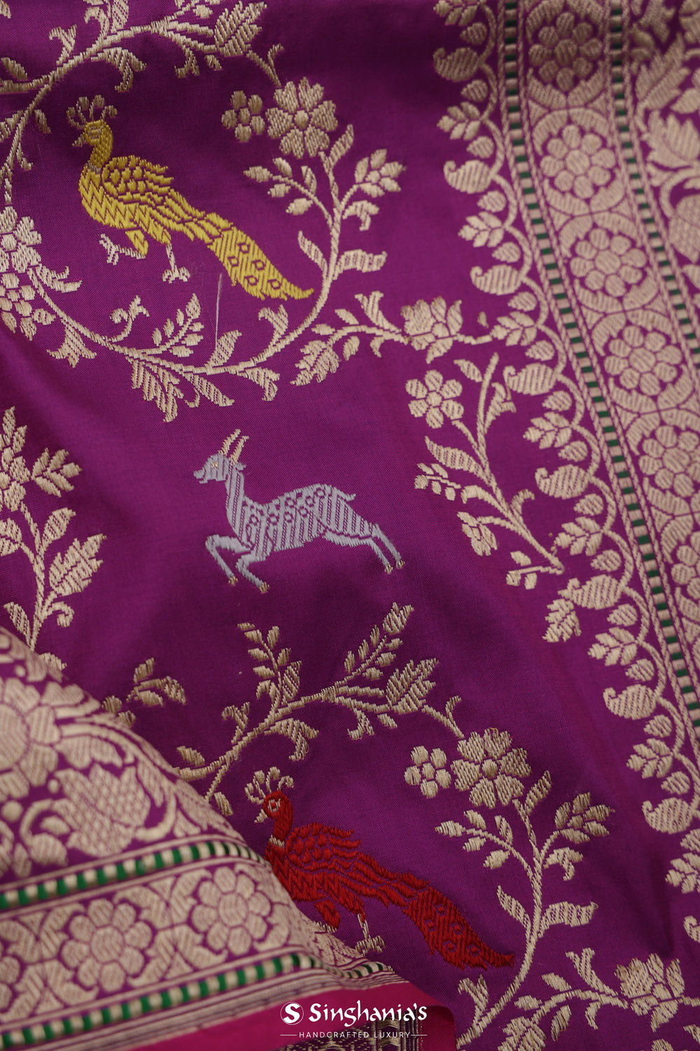 Dark Magenta Banarasi Silk Saree With Animal Motifs