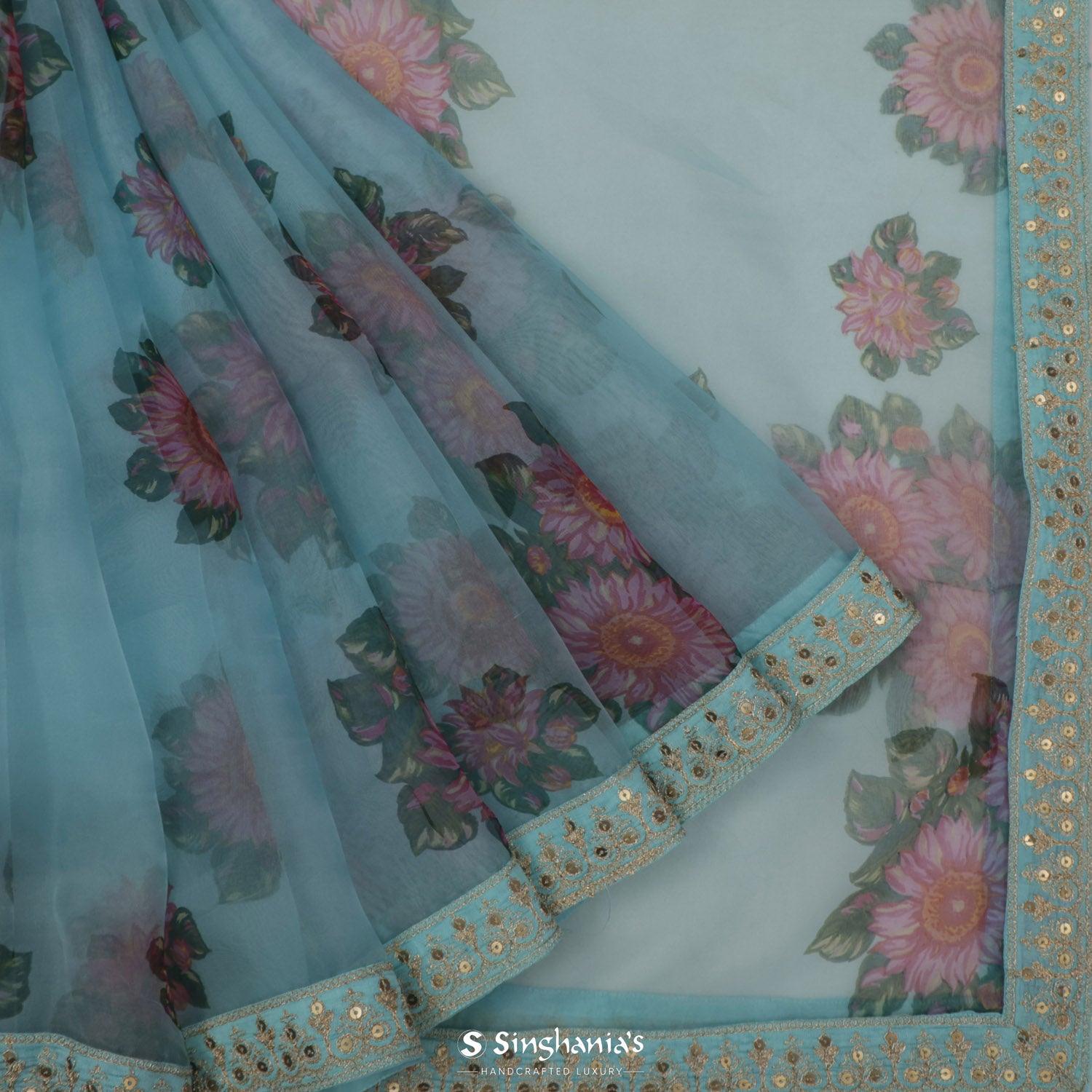 Sky Blue Organza Saree With Hand Embroidery