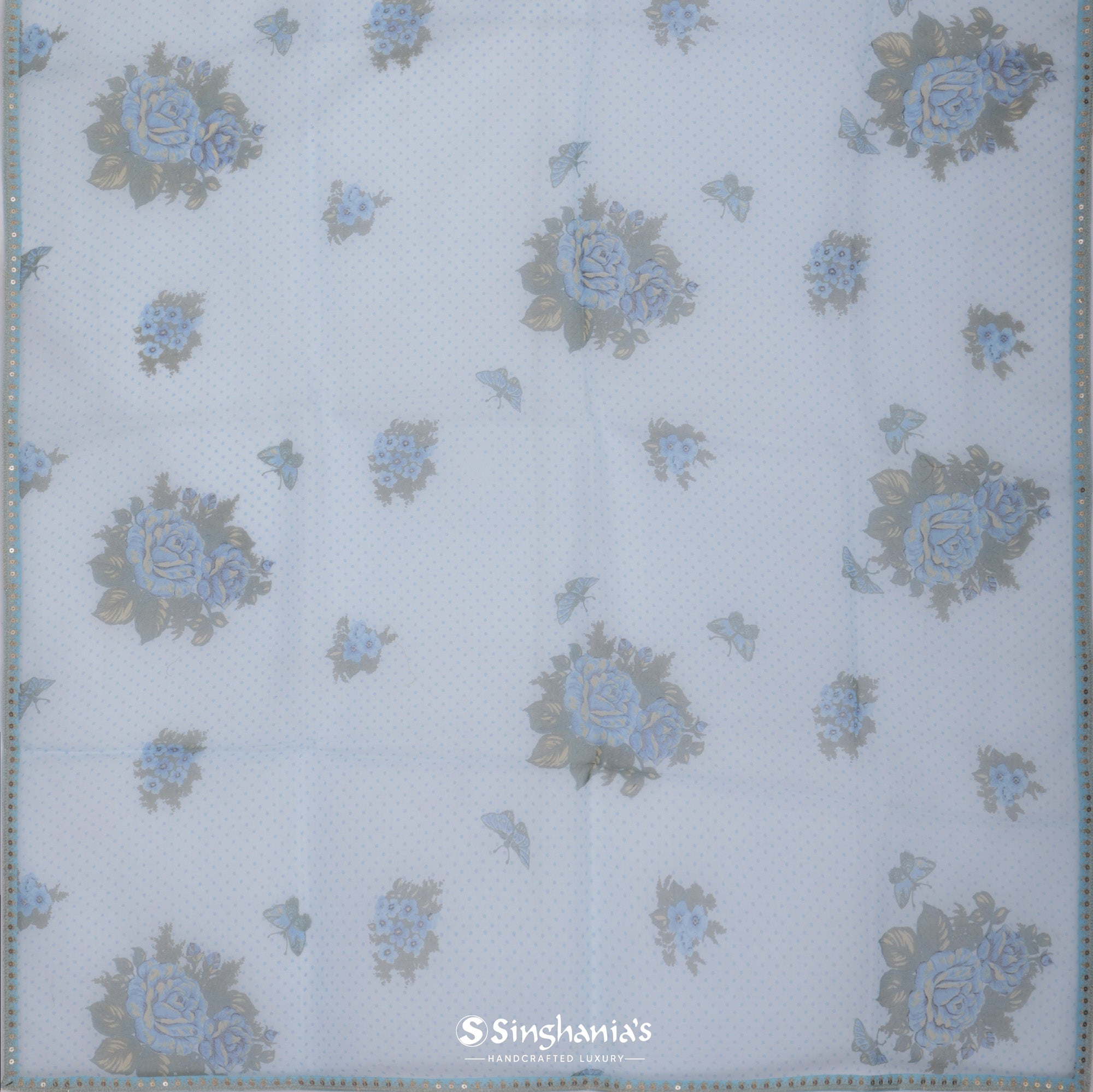 Alaskan Blue Printed Organza Saree With Embroidery