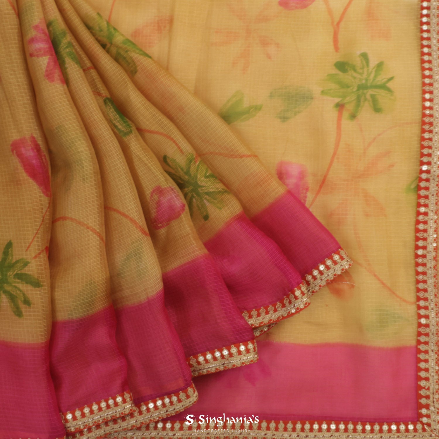 Colza Yellow Printed Kota Silk Saree With Floral Pattern