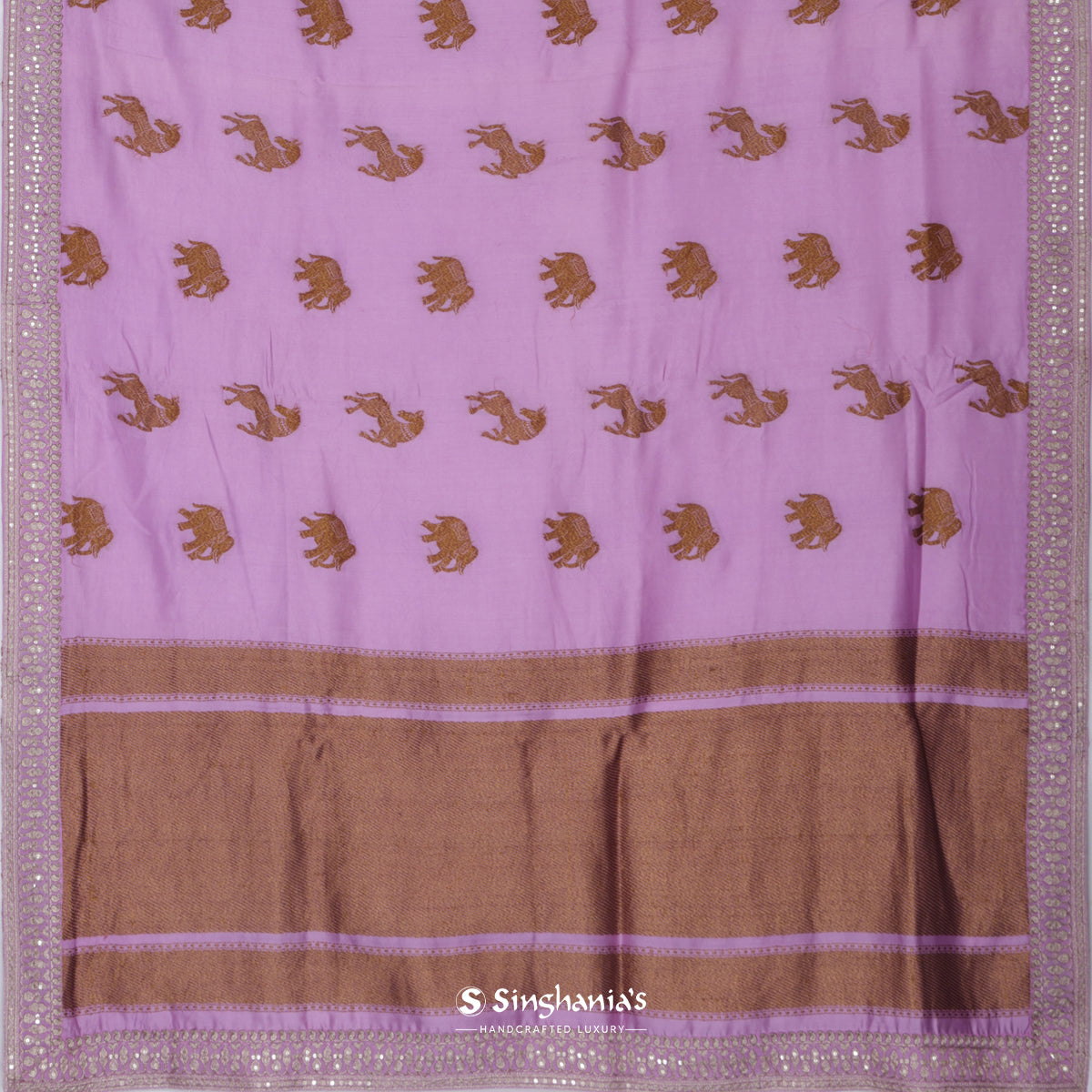 Lavender Rose Silk Saree With Animal Weaving And Embroidery