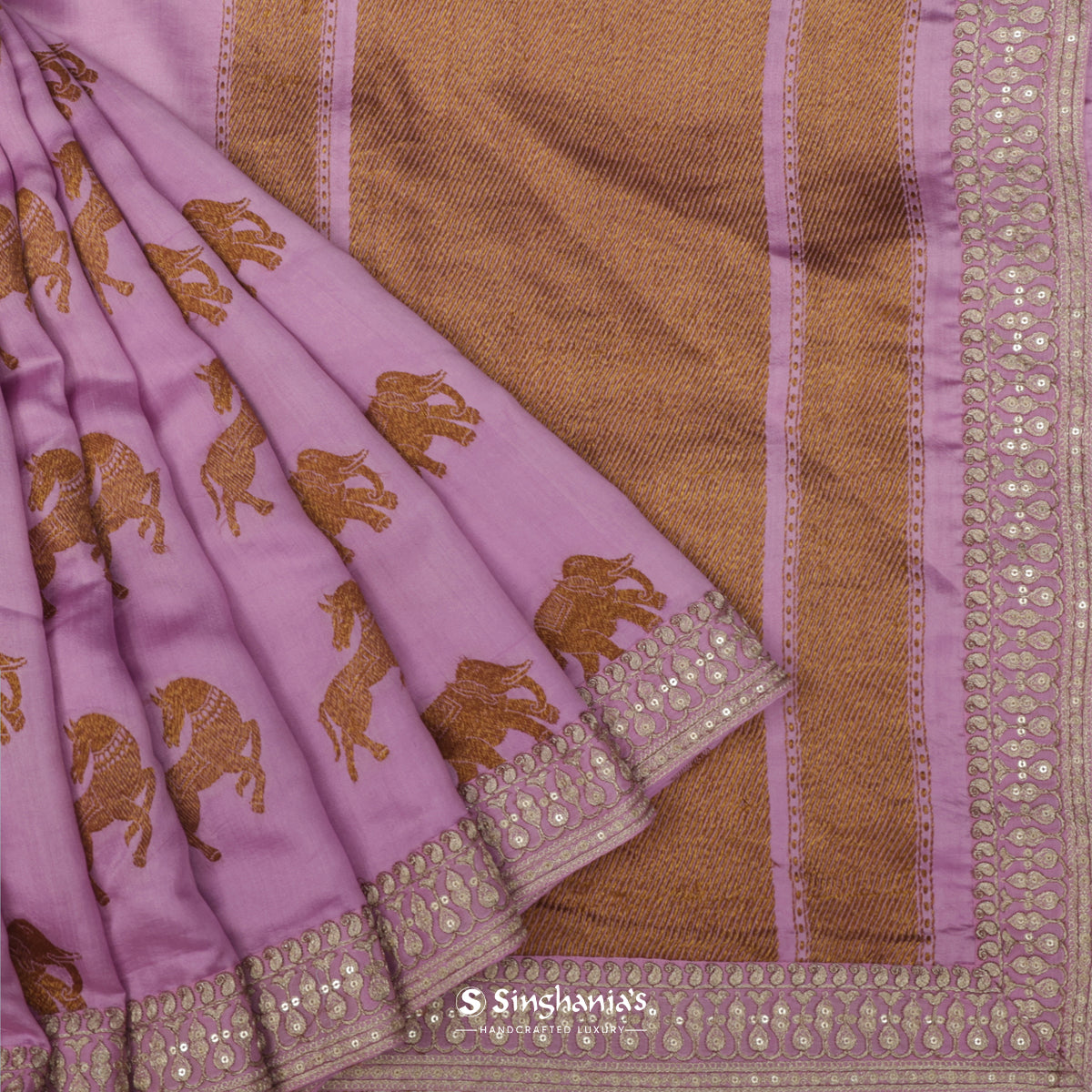 Lavender Rose Silk Saree With Animal Weaving And Embroidery
