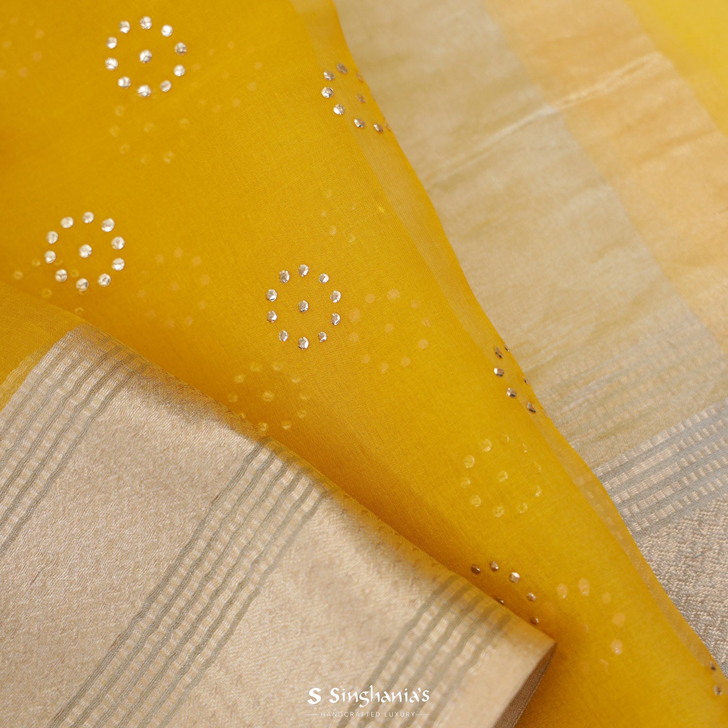 Real Gold Yellow Organza Saree With Mukaish Work In Floral Butti Pattern