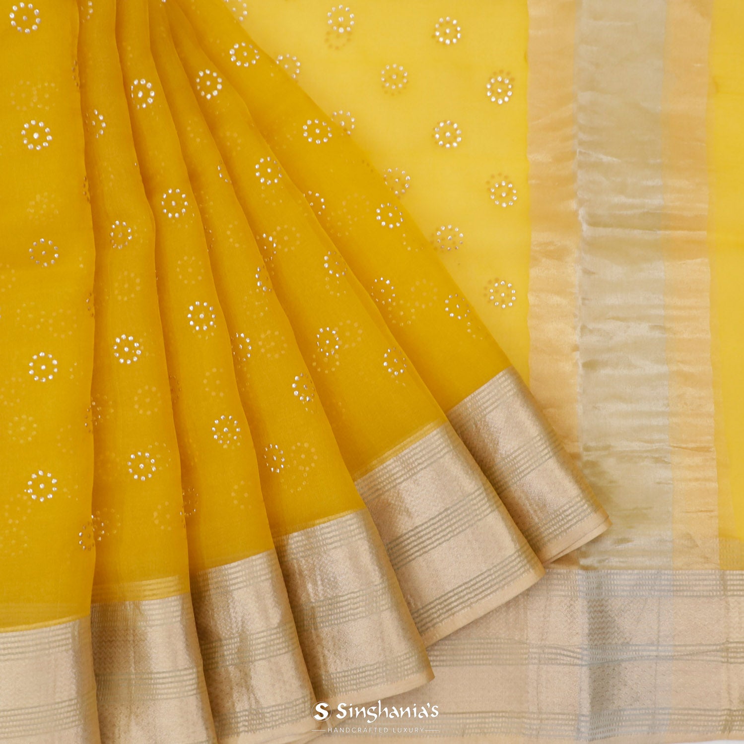 Real Gold Yellow Organza Saree With Mukaish Work In Floral Butti Pattern