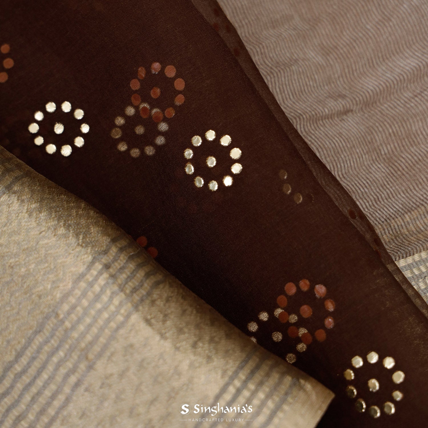 Coffee Brown Organza Saree With Mukaish Work In Floral Buttis