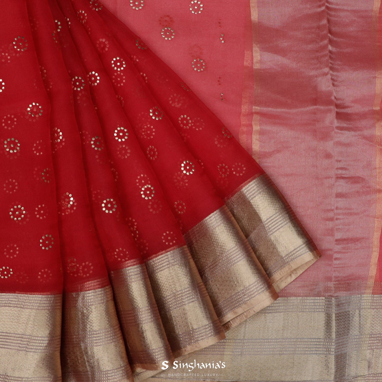 Persian Red Organza Saree With Mukaish Work In Floral Motifs Pattern