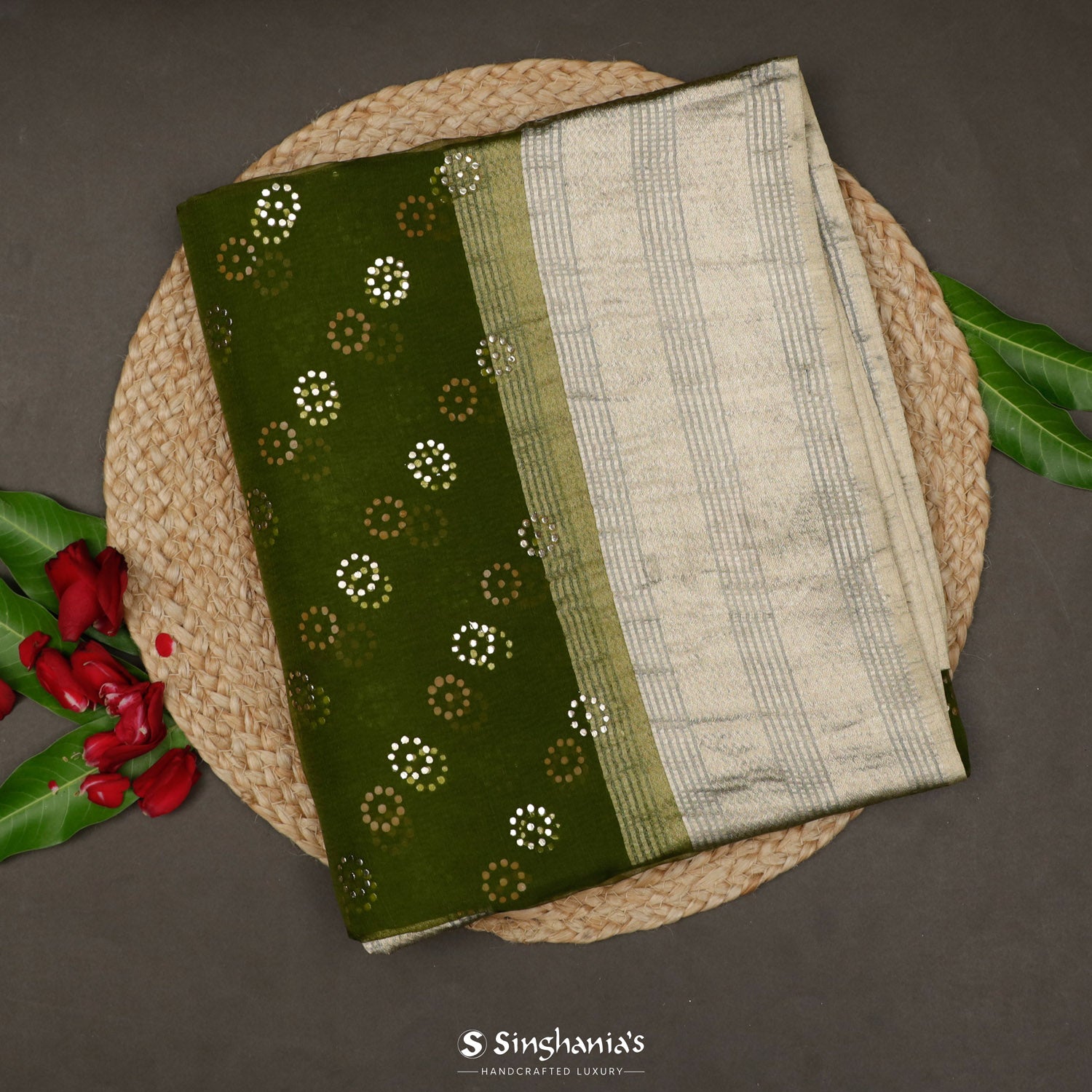Dark Olive Green Printed Organza Saree With Floral Pattern