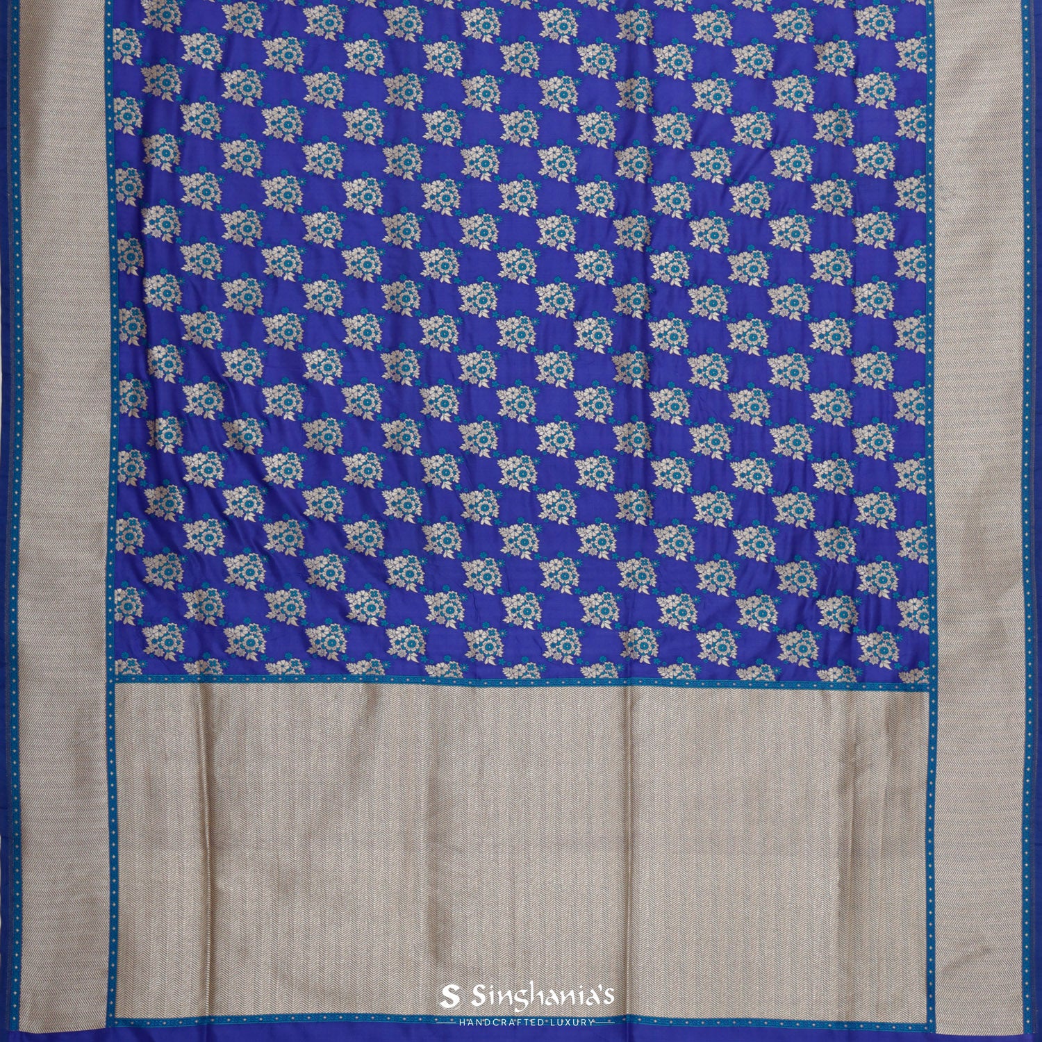 Phthalo Blue Banarasi Silk Saree With Floral Buttis Pattern