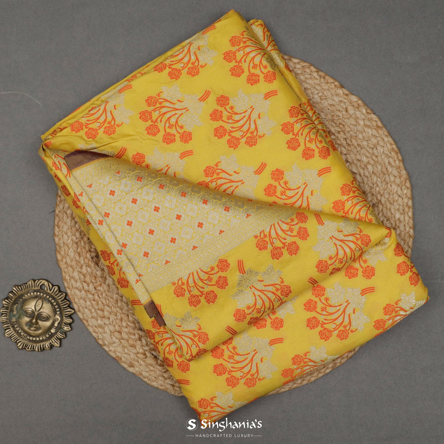 Corn Yellow Banarasi Silk Saree With Meenakari Floral Pattern