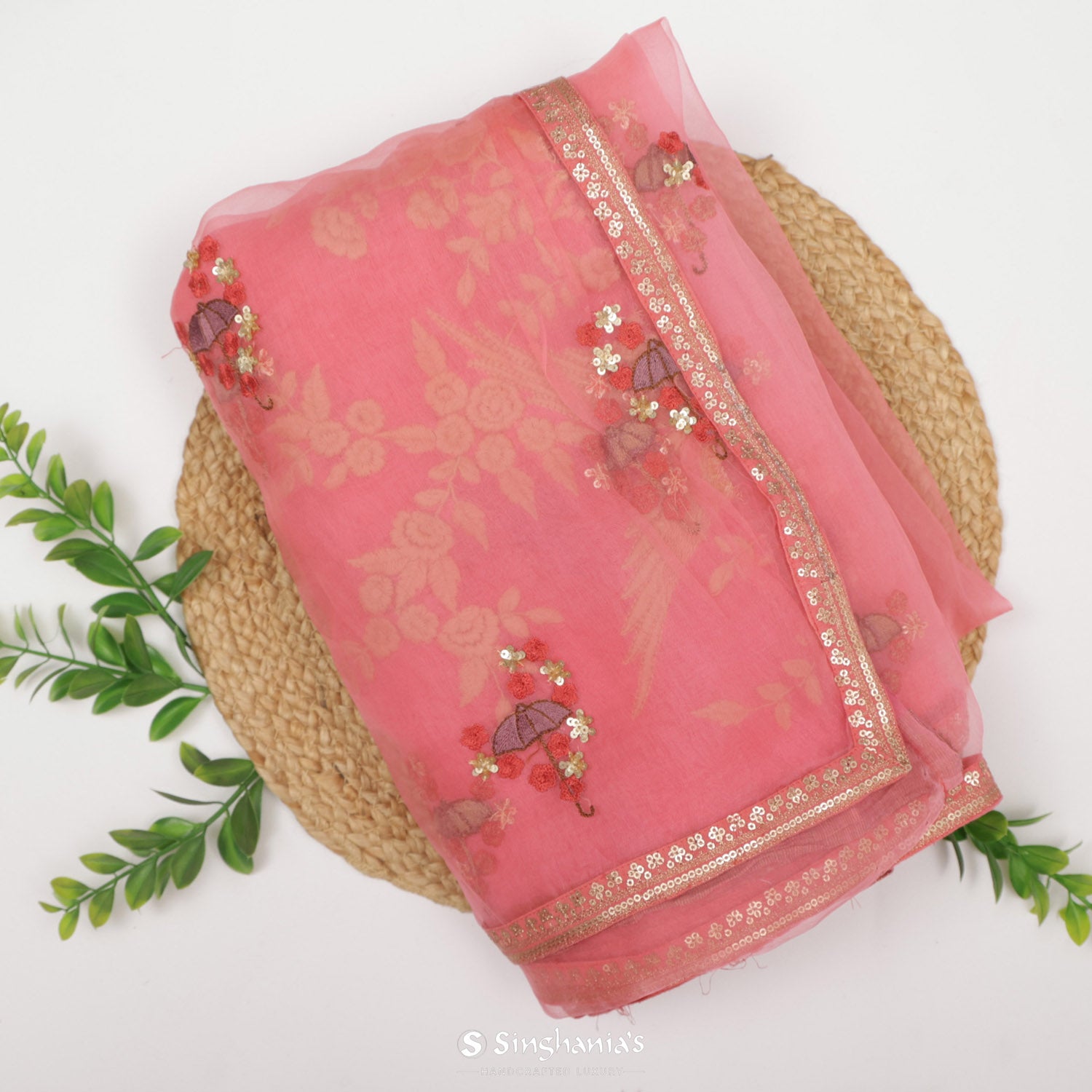 Tulip Pink Organza Saree With Floral Embroidery