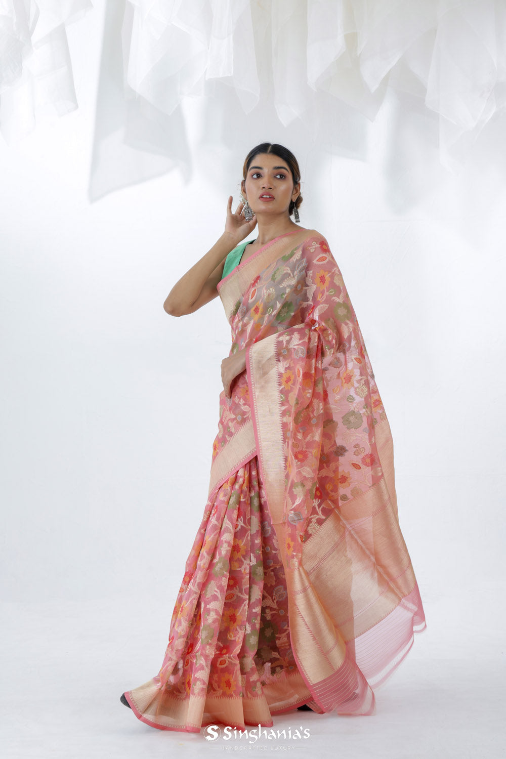 Pastel Peach Jamdani Banarasi Silk Saree With Floral Design