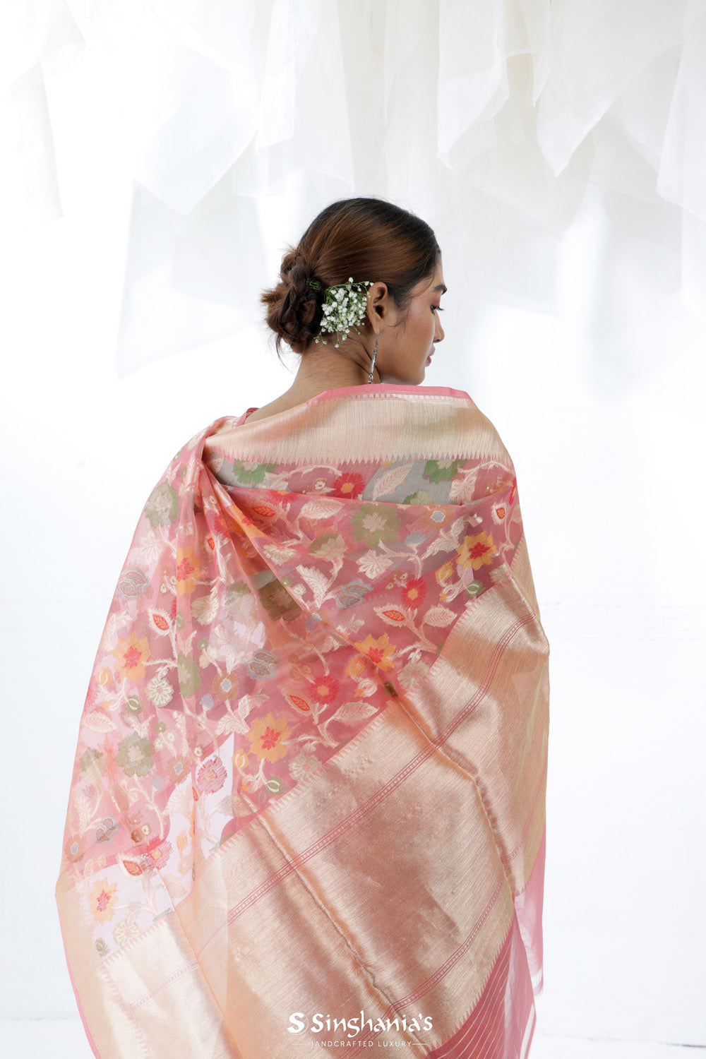 Pastel Peach Jamdani Banarasi Silk Saree With Floral Design