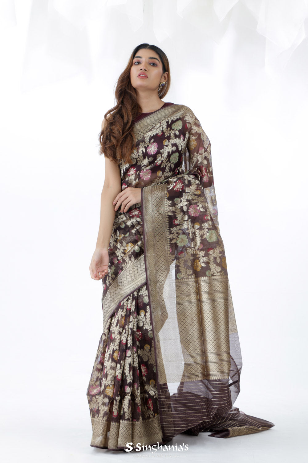 Night Black Jamdani Banarasi Silk Saree With Floral Design