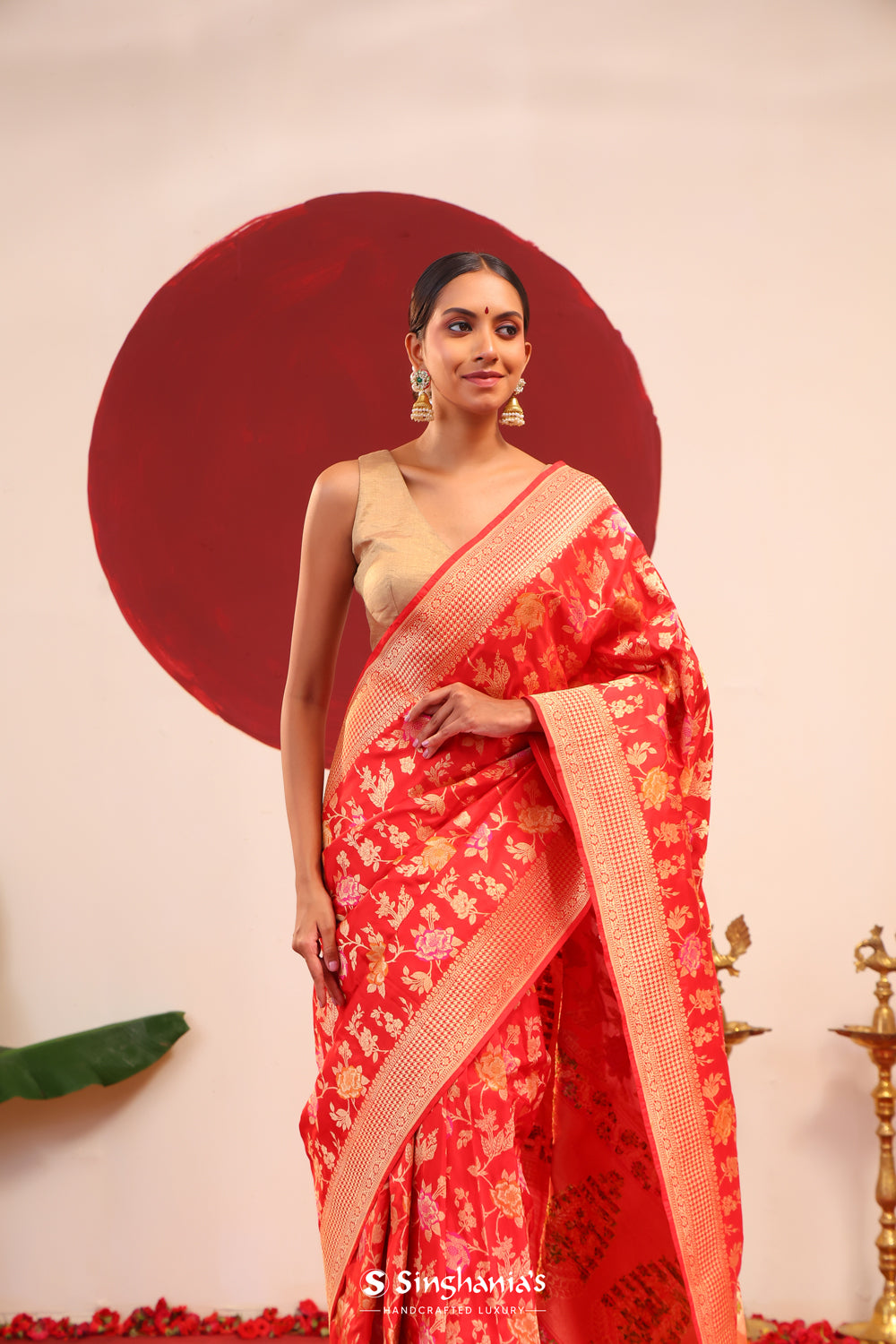 Chilli Red Banarasi Silk Saree With Meenakari Jaal