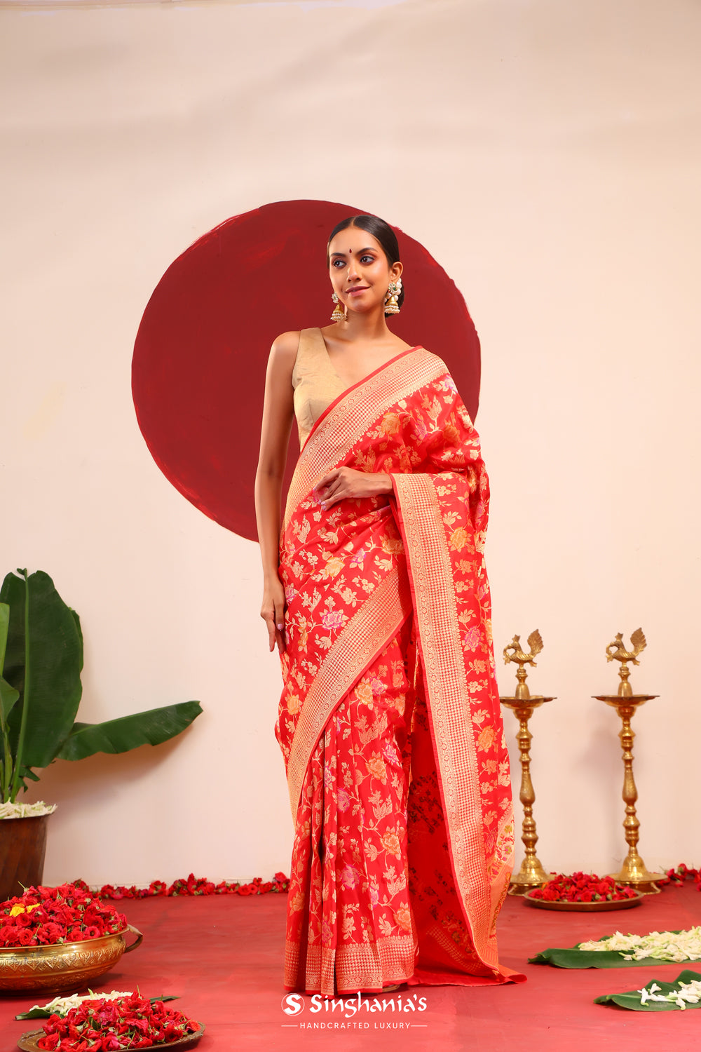 Chilli Red Banarasi Silk Saree With Meenakari Jaal