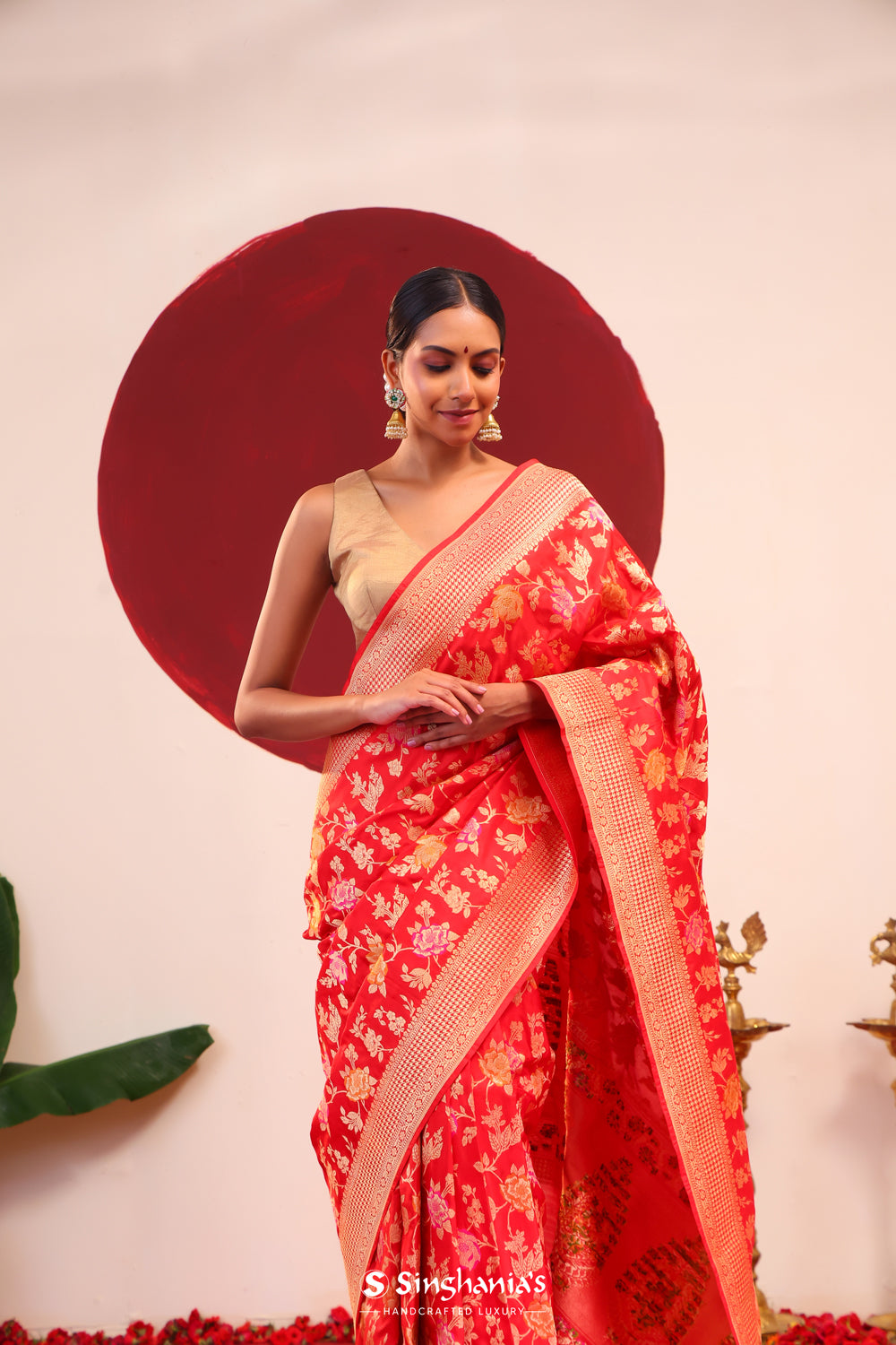 Chilli Red Banarasi Silk Saree With Meenakari Jaal