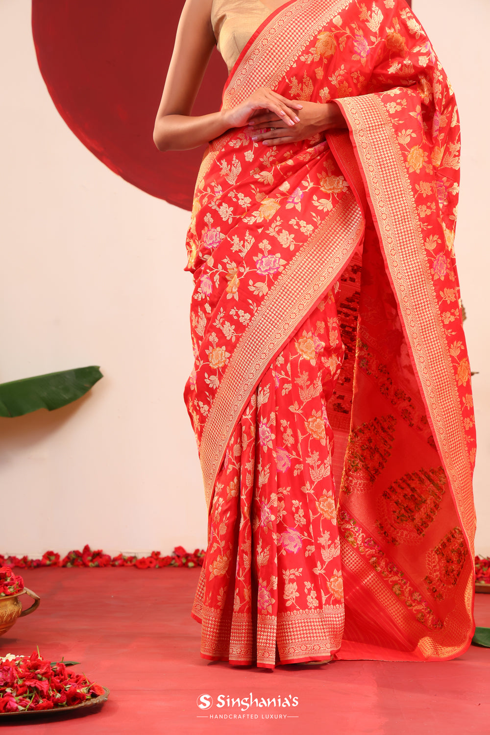 Chilli Red Banarasi Silk Saree With Meenakari Jaal