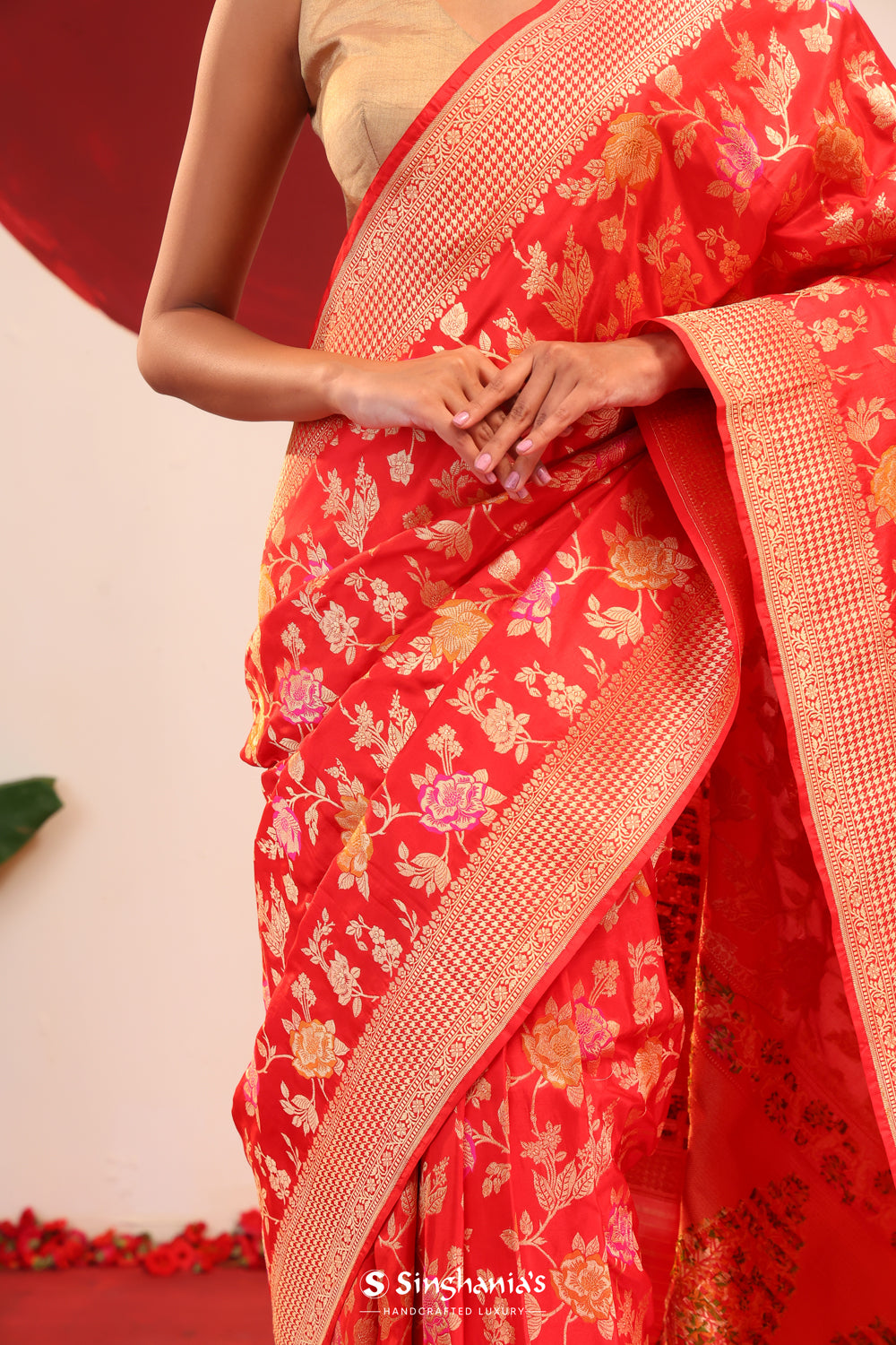 Chilli Red Banarasi Silk Saree With Meenakari Jaal