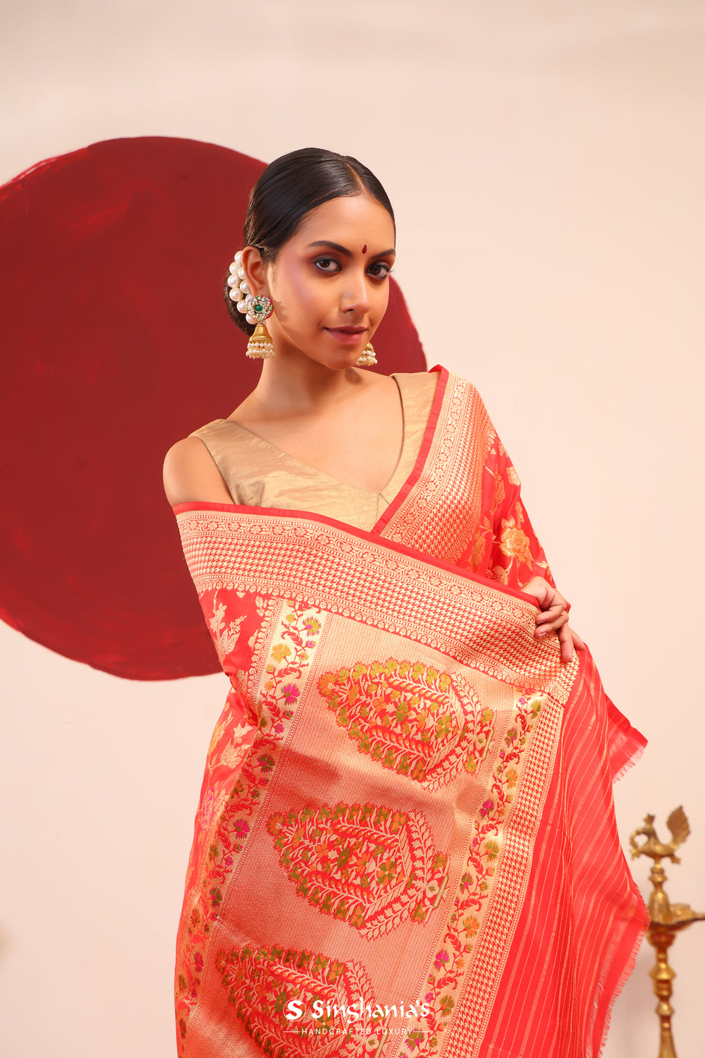 Chilli Red Banarasi Silk Saree With Meenakari Jaal