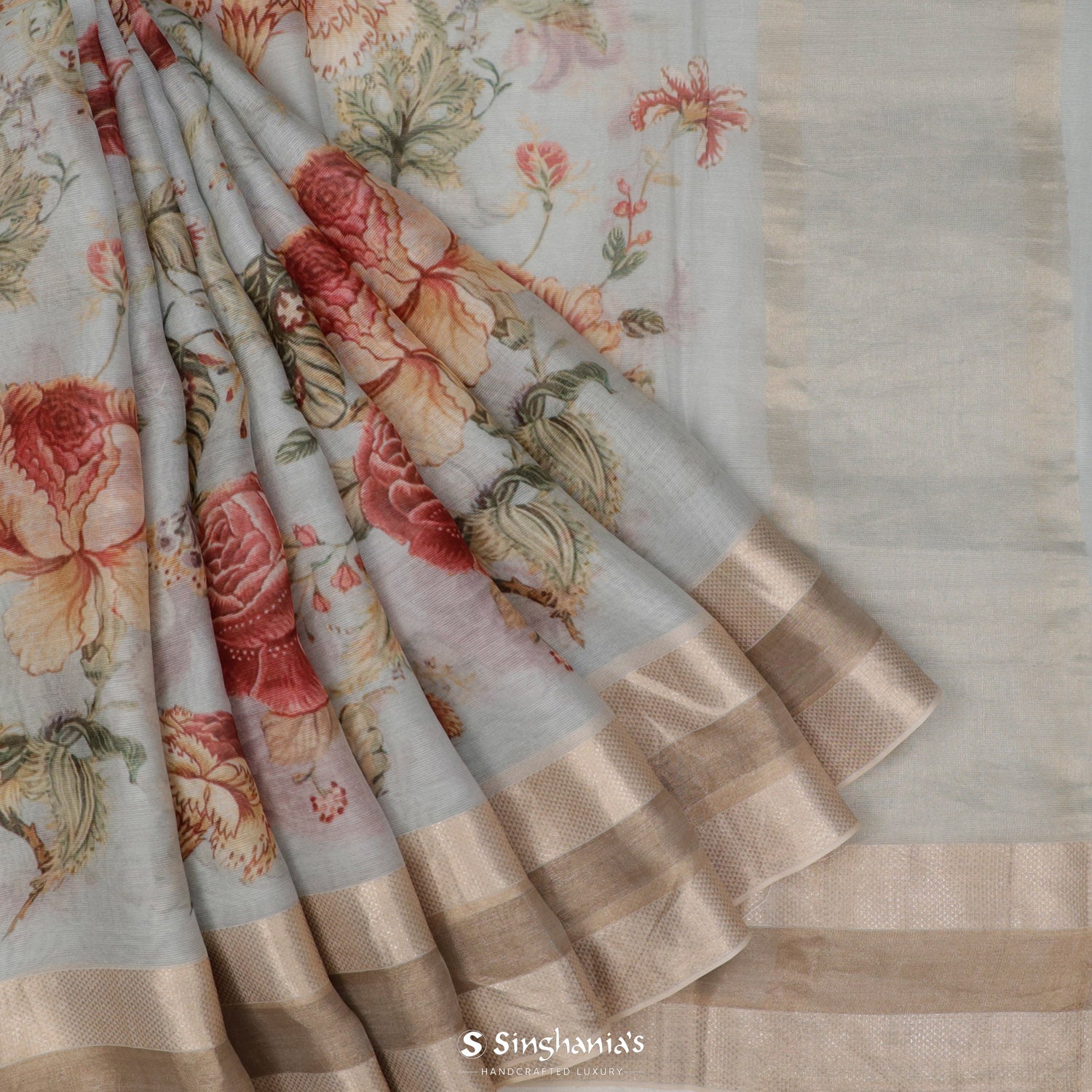 Alice Blue Printed Maheshwari Saree With Floral Pattern