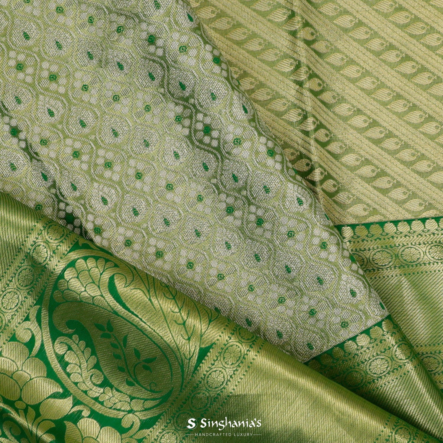 Sage Green Kanjivaram Silk Saree With Floral Jaal Pattern