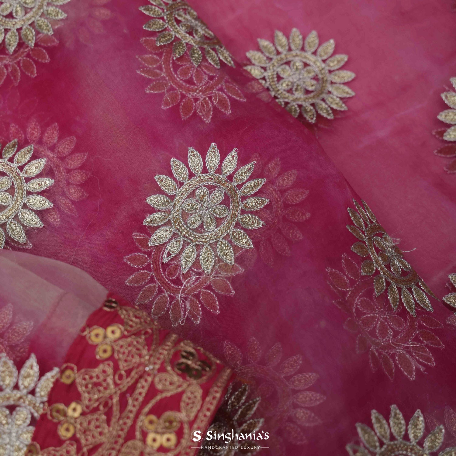 Turkish Rose Pink Organza Saree With Thread Embroidery