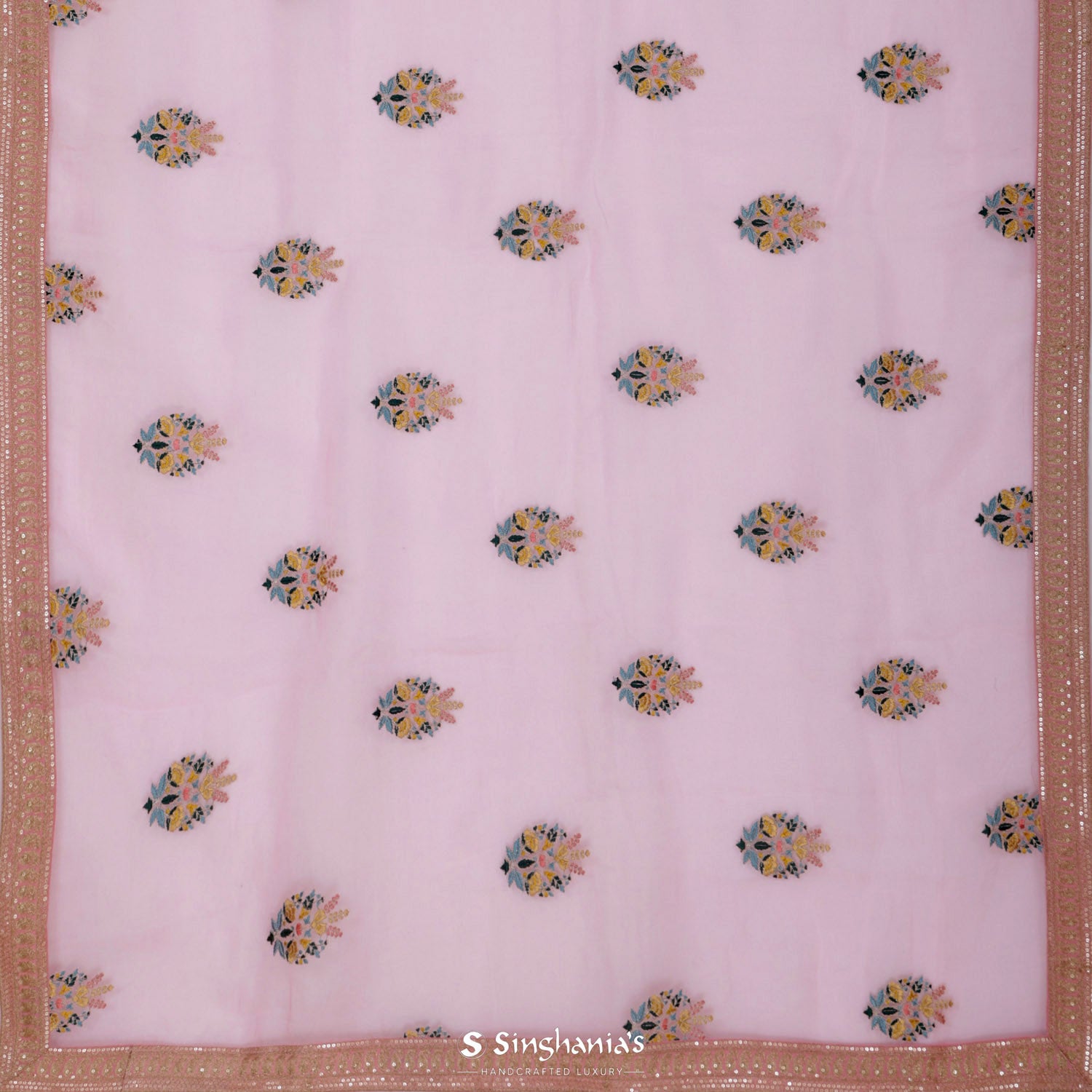 Cotton Candy Pink Organza Saree With Floral Thread Work