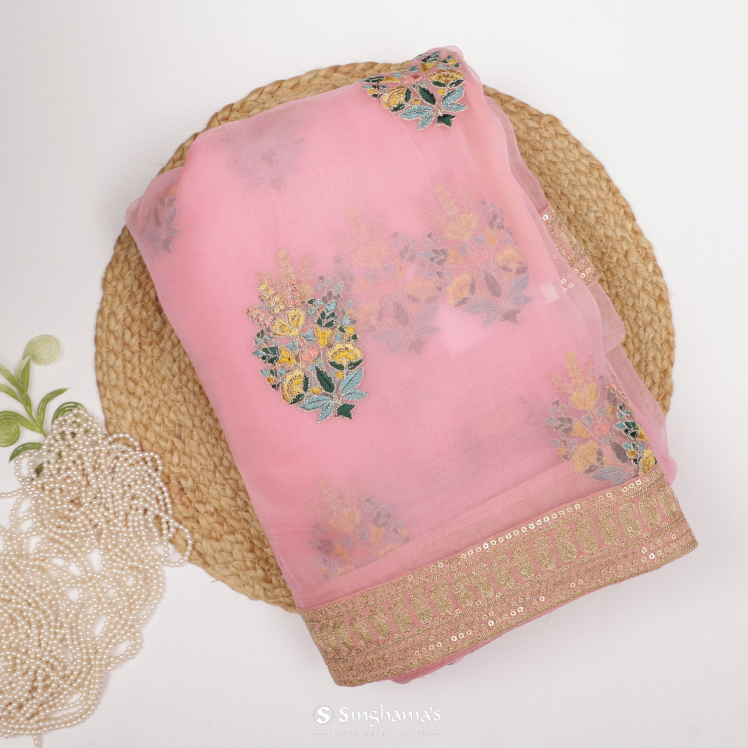 Cotton Candy Pink Organza Saree With Floral Thread Work