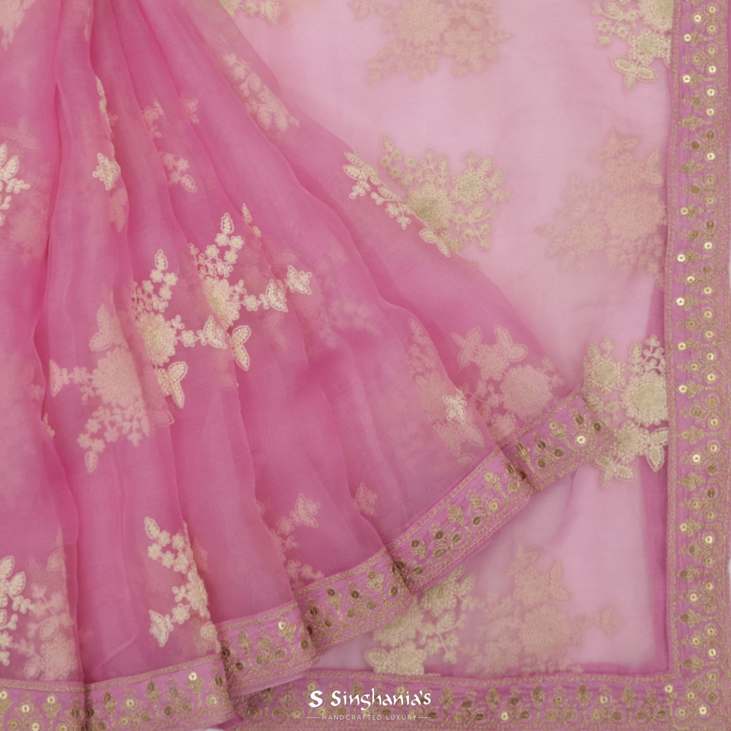 Thulian Pink Printed Organza Saree With Floral Pattern