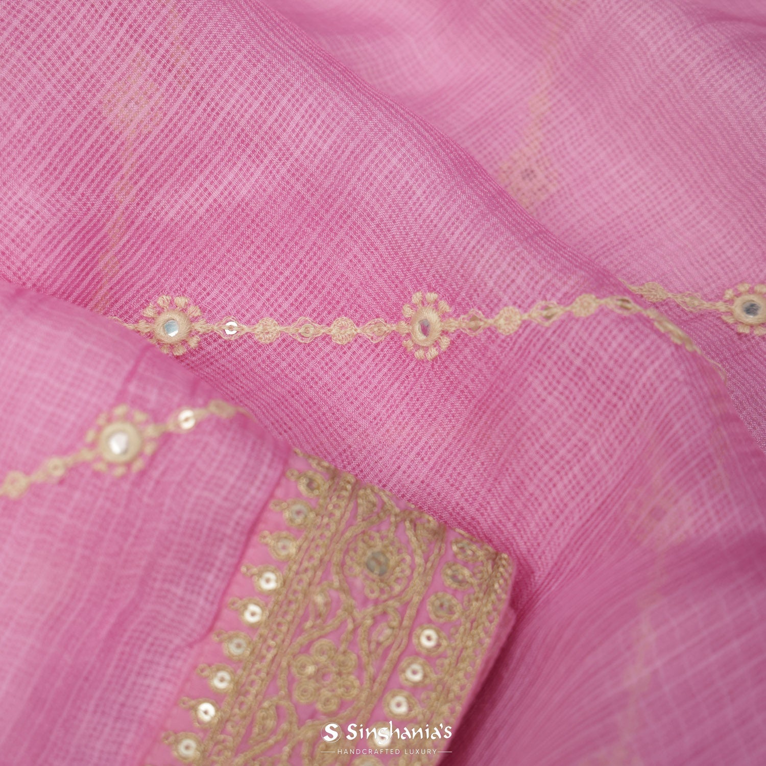 Carnation Pink Kota Silk Saree With Thread Embroidery