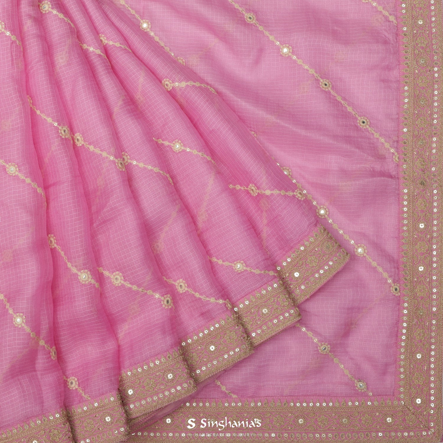 Carnation Pink Kota Silk Saree With Thread Embroidery