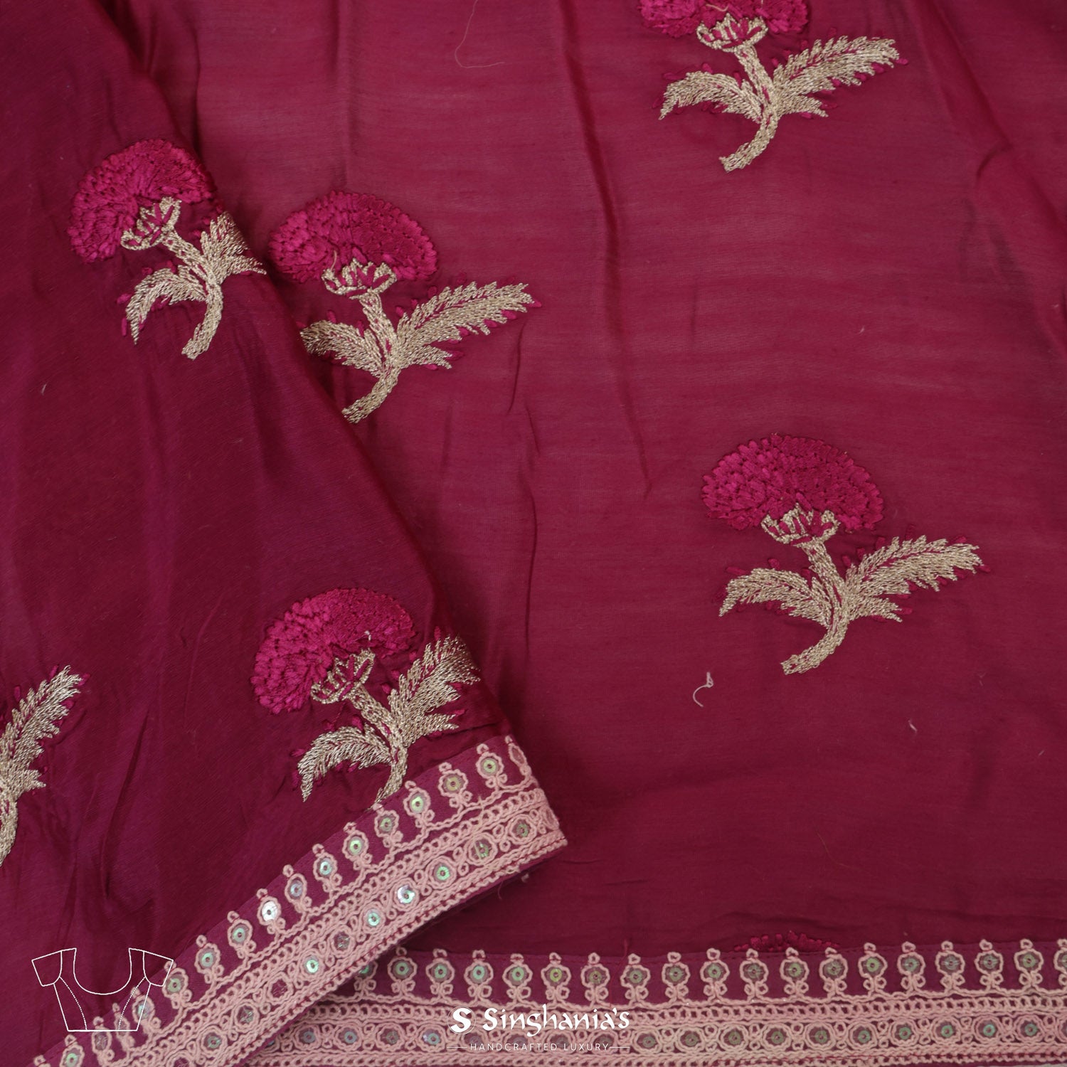 Melon Peach Kota Silk Saree With Thread Embroidery