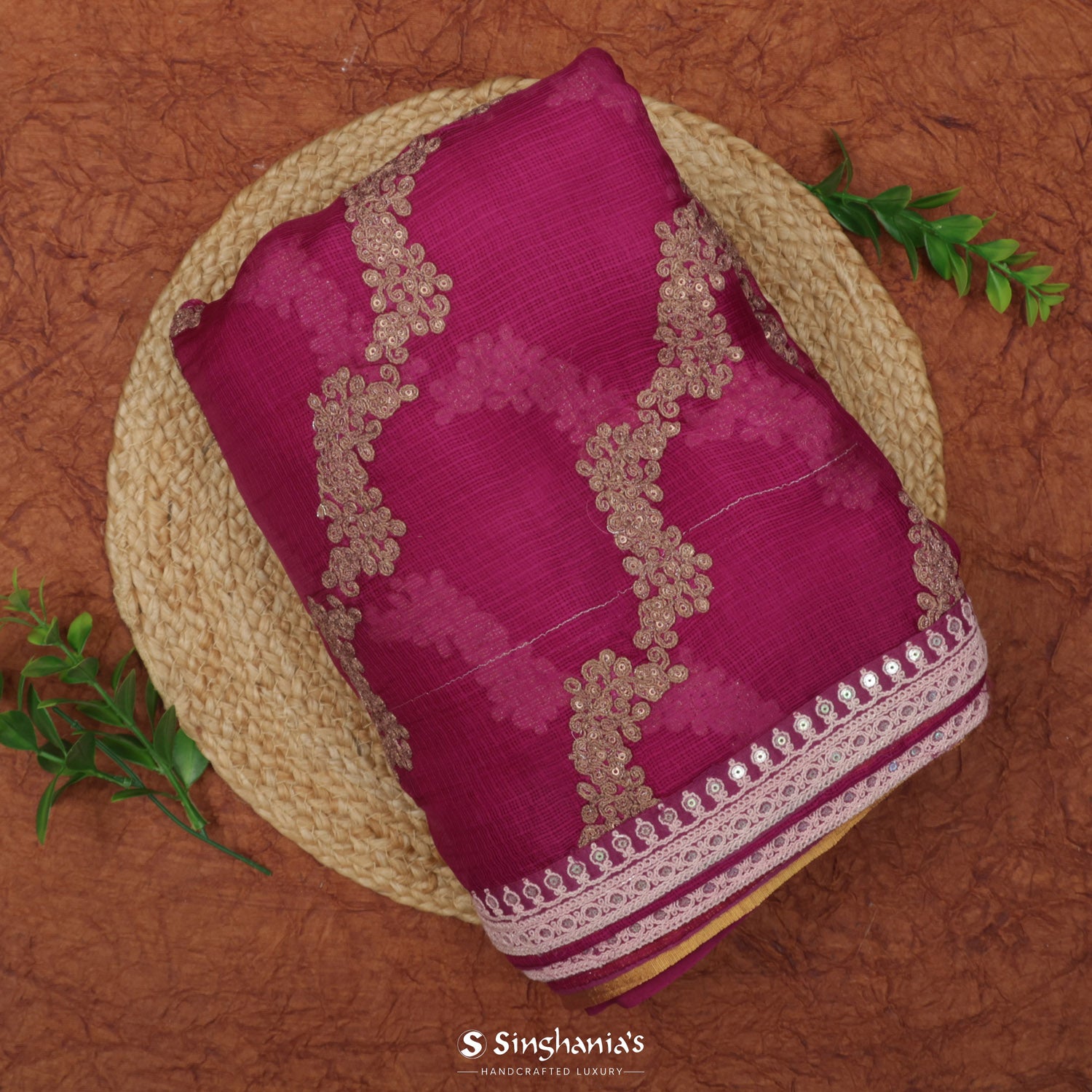 Melon Peach Kota Silk Saree With Thread Embroidery