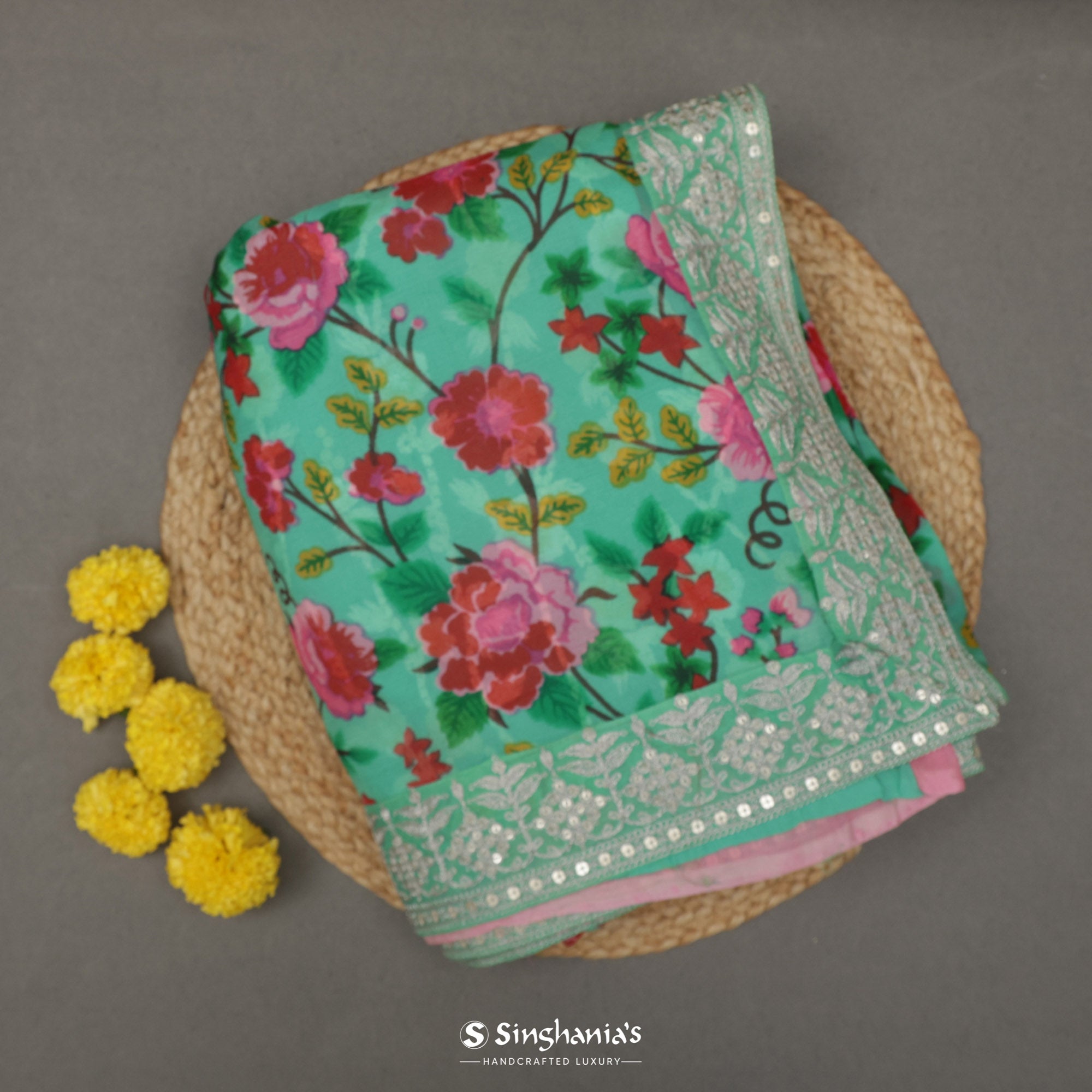 Jungle Green Printed Chiffon Saree With Floral Pattern