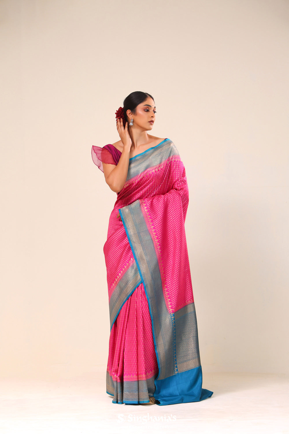 Bright Pink Chiniya Banarasi Silk Saree