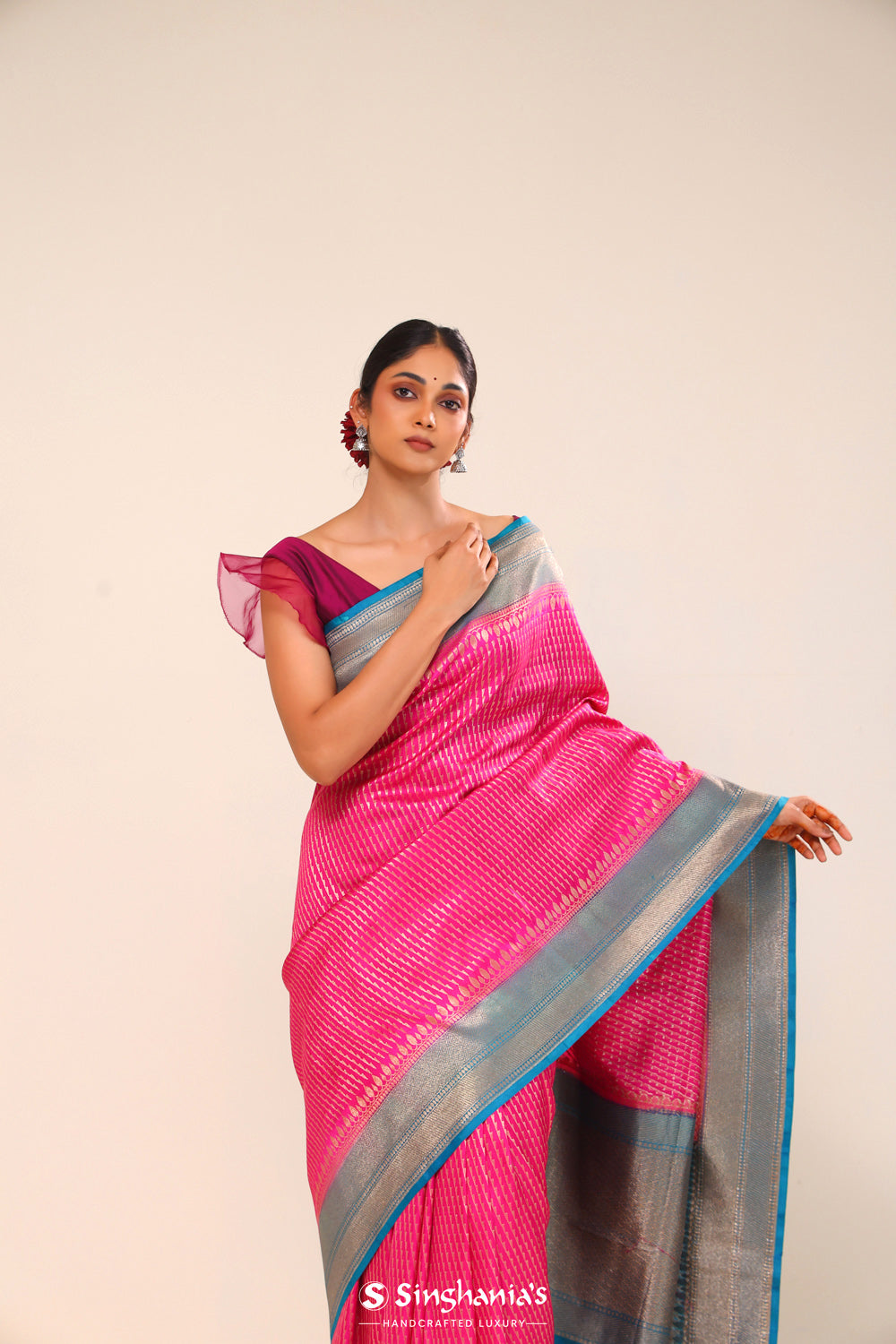 Bright Pink Chiniya Banarasi Silk Saree