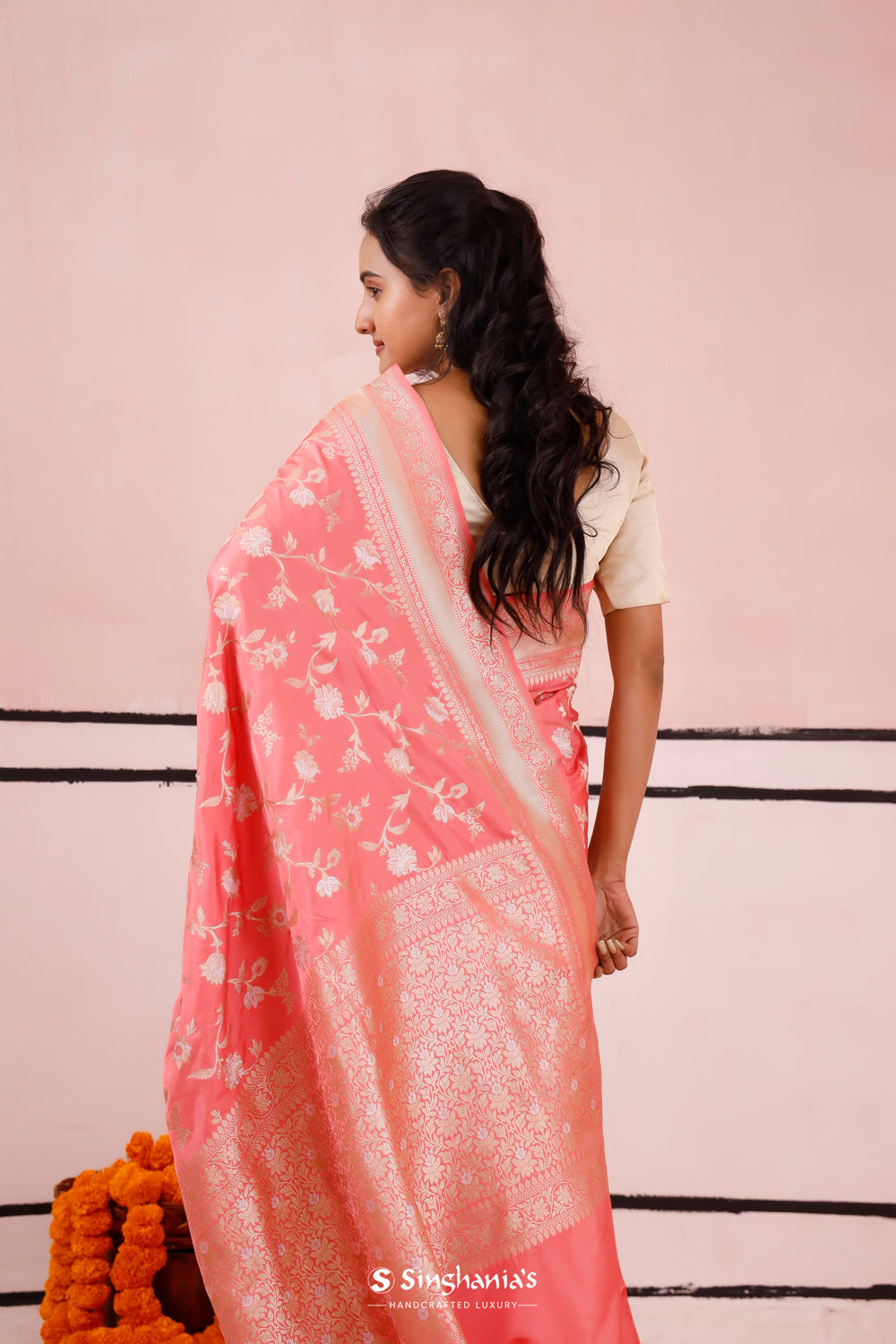 Flamingo Pink Banarasi Silk Saree With Zari Jaal Weaving