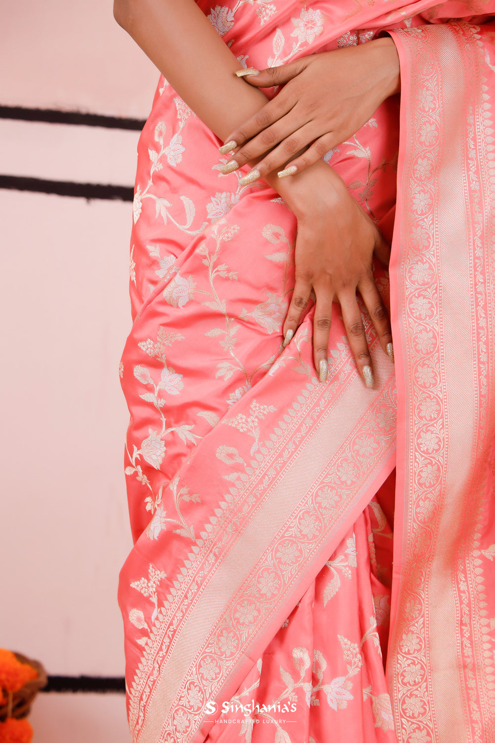 Flamingo Pink Banarasi Silk Saree With Zari Jaal Weaving