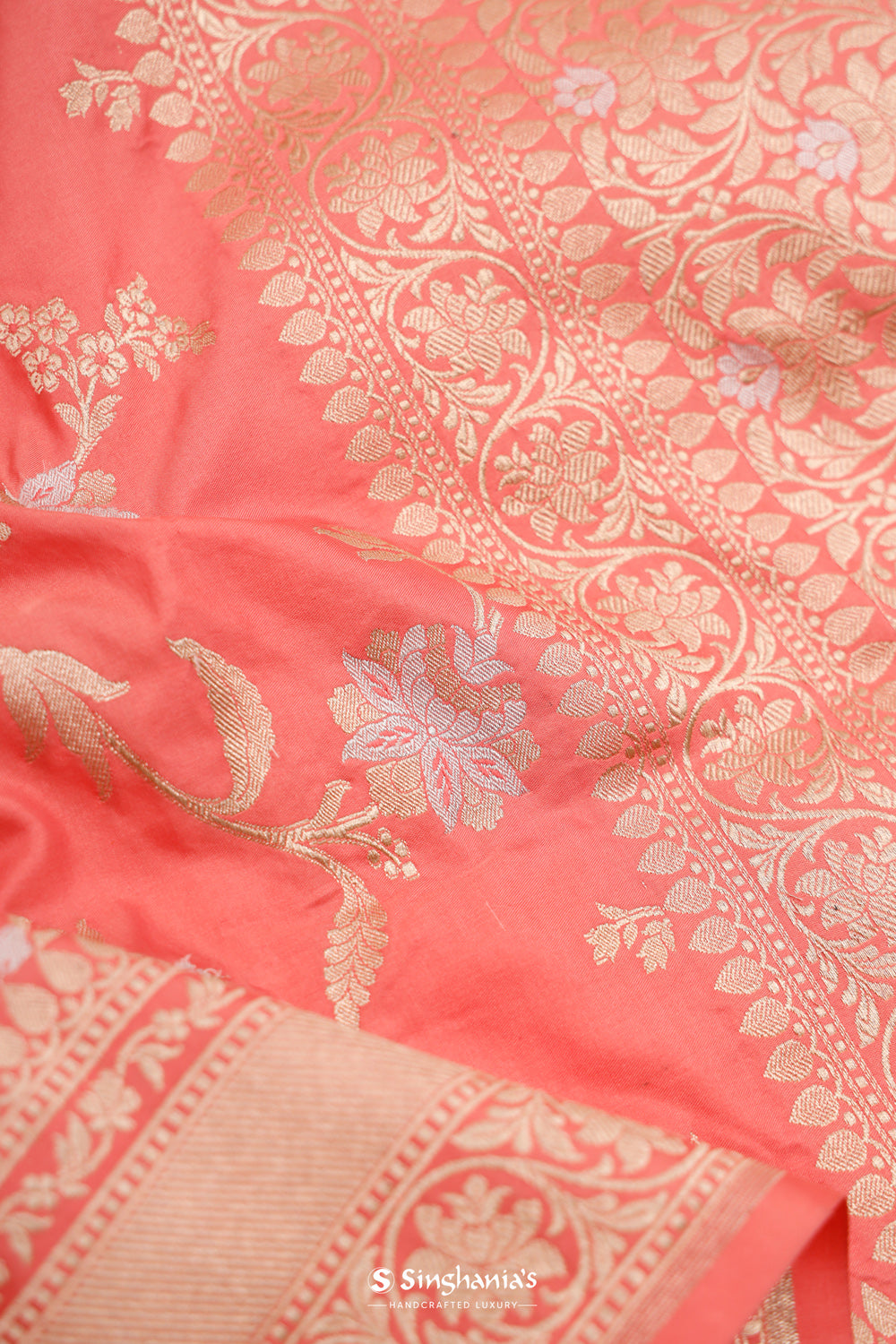 Flamingo Pink Banarasi Silk Saree With Zari Jaal Weaving