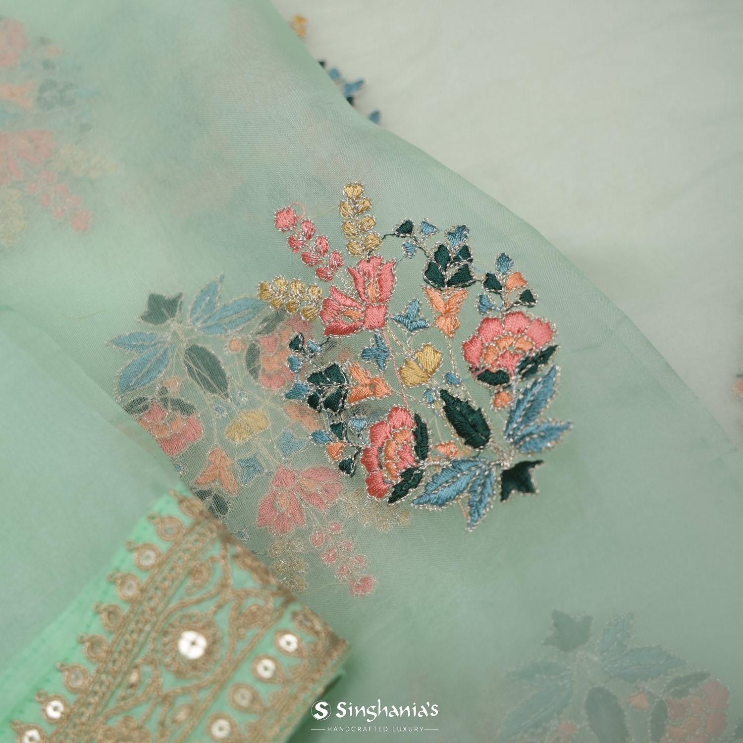 Turquoise Green Organza Saree With Hand Embroidery