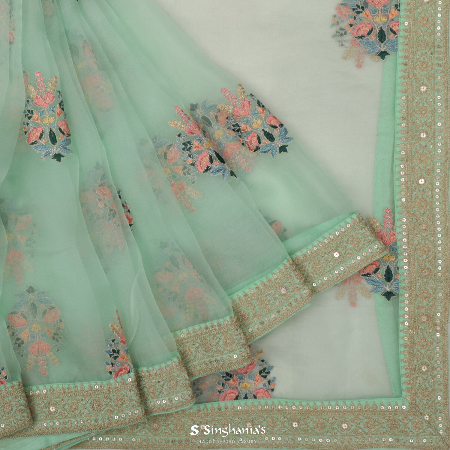 Turquoise Green Organza Saree With Hand Embroidery