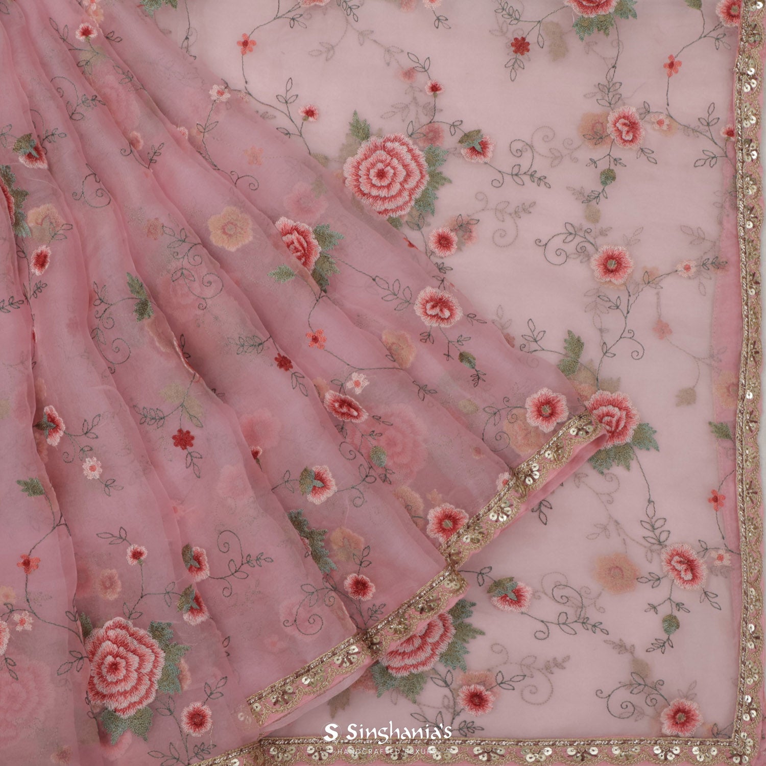 Light Pink Organza Saree With Hand Embroidery