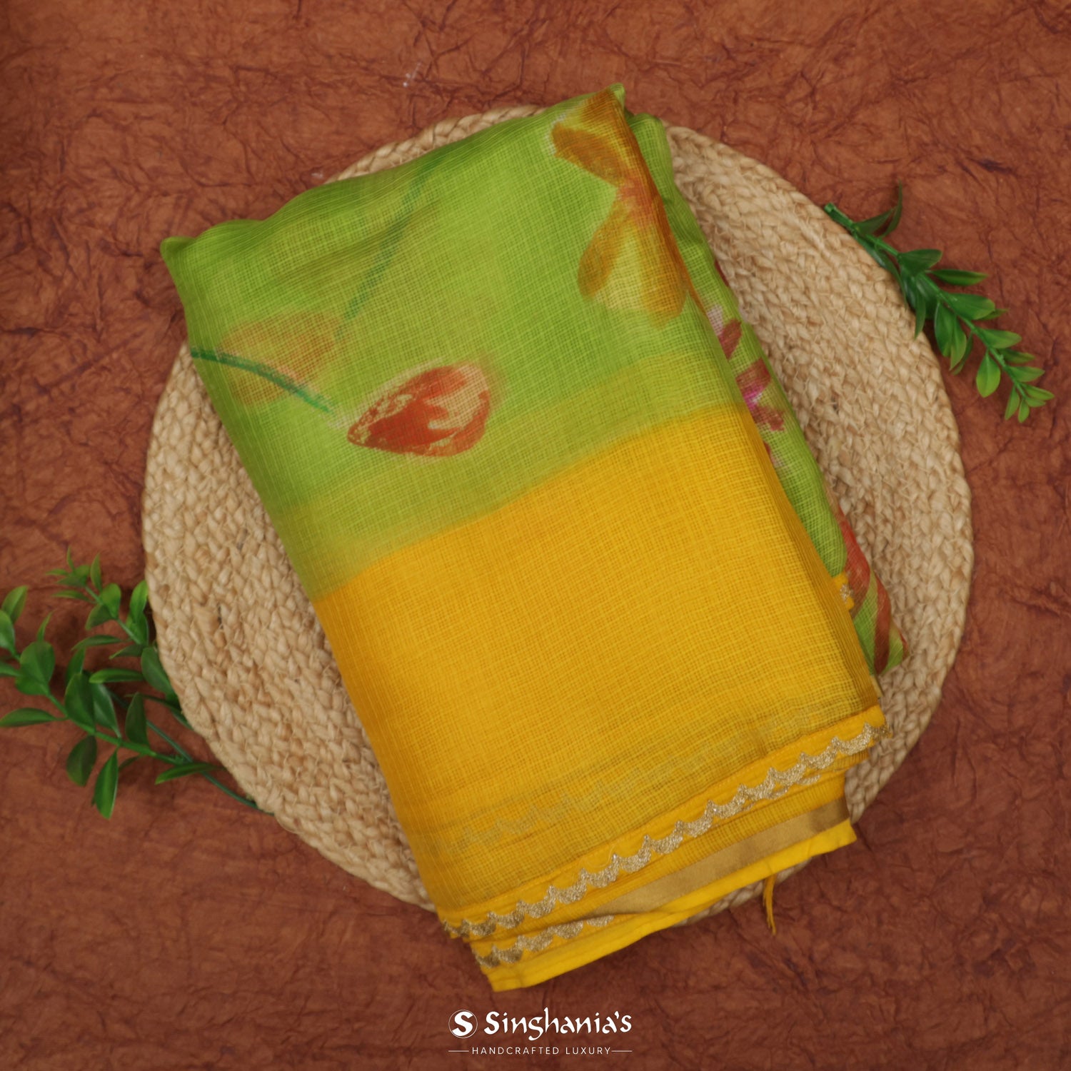 Parrot Green Printed Kota Silk Saree With Floral Print