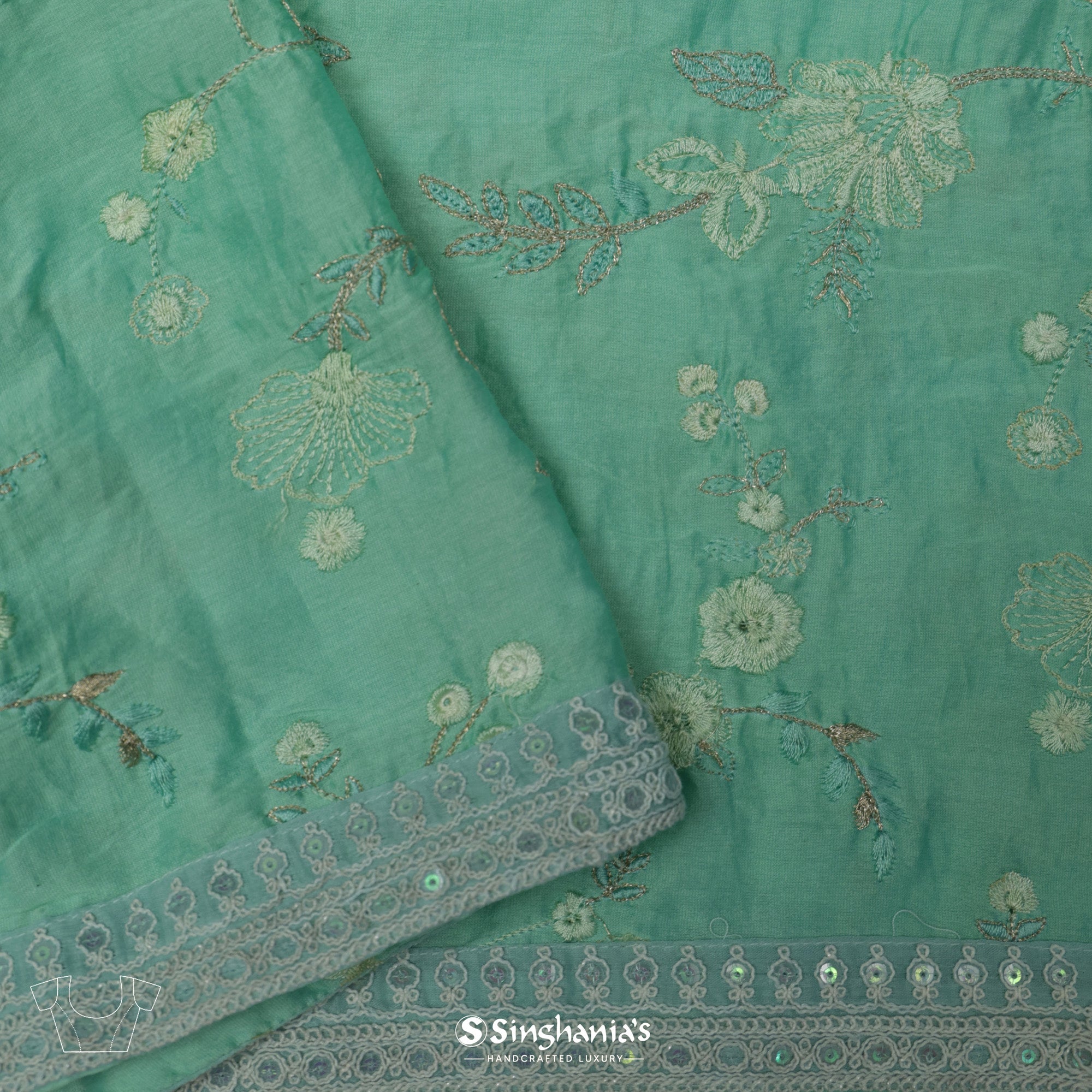 Turquoise Green Printed Organza Saree With Embroidery